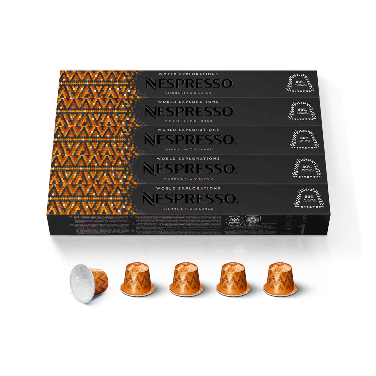 Nespresso Vienna Lungo capsules in focus, delivering a balanced, smooth cup for home rituals.