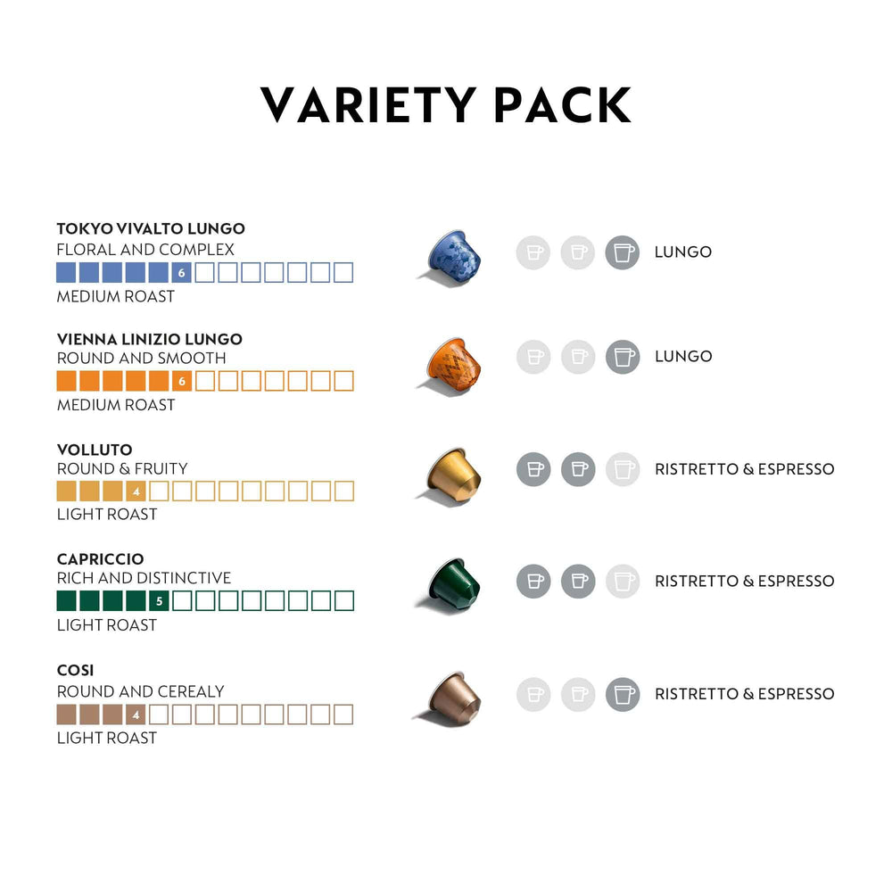 Nespresso Volluto espresso pods with sweet, light profile for balanced shots.