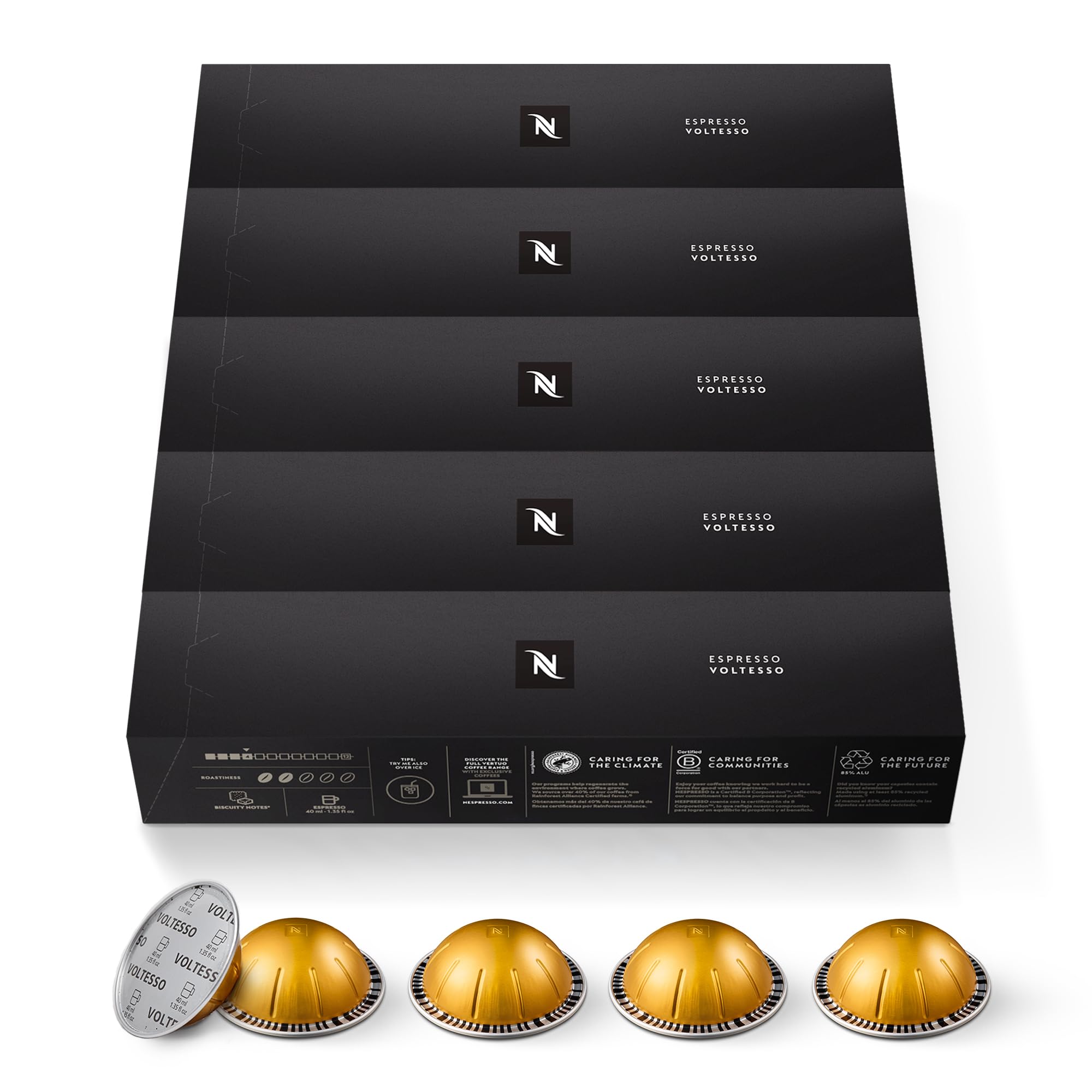 Nespresso Voltesso espresso pod close-up highlighting biscuity aroma for a smooth cup.