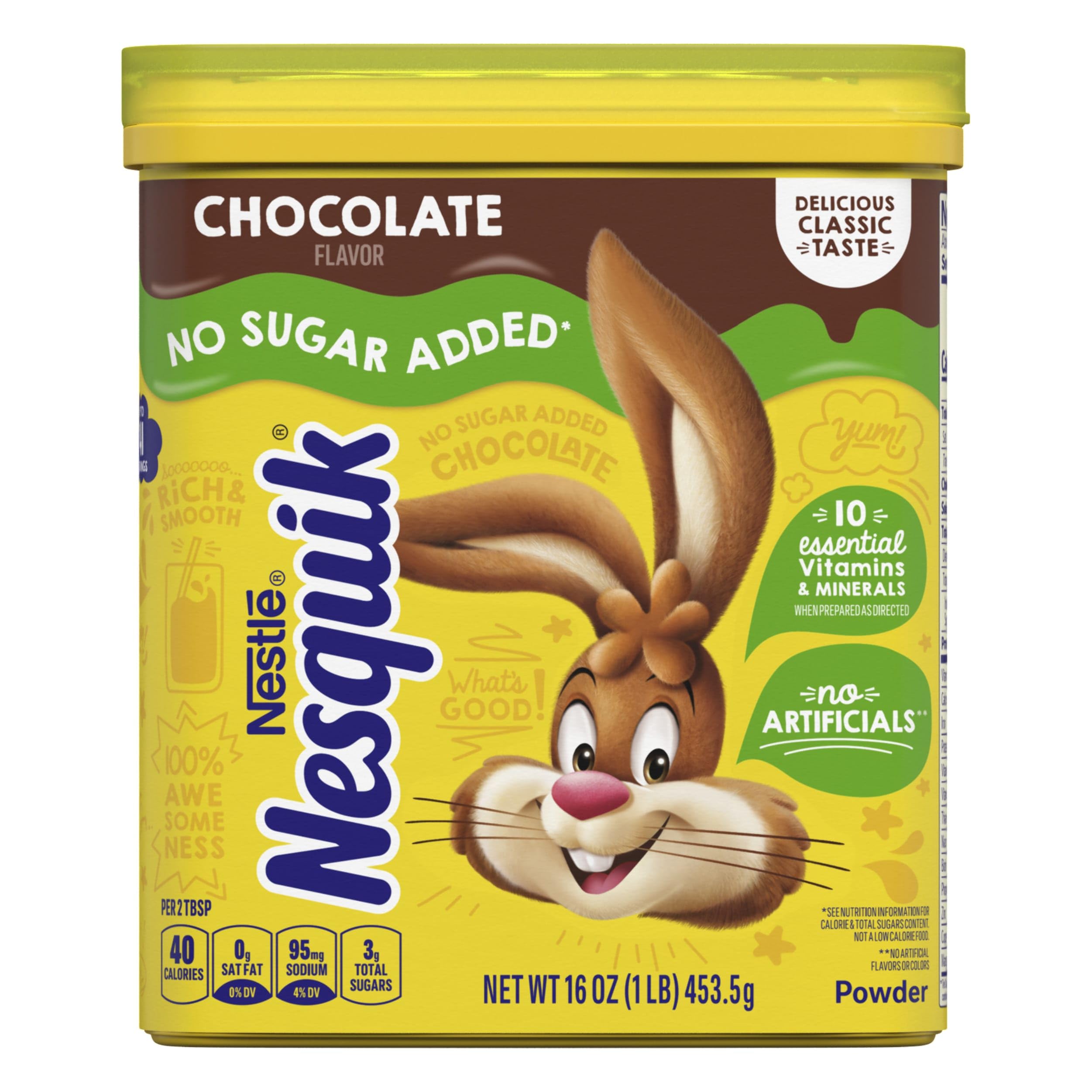 Nesquik No Sugar Added packaging ready to mix for quick chocolate drinks.