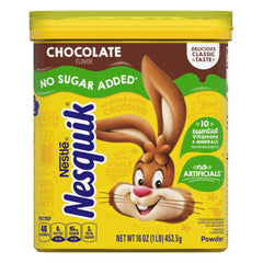 Nesquik No Sugar Added packaging ready to mix for quick chocolate drinks.