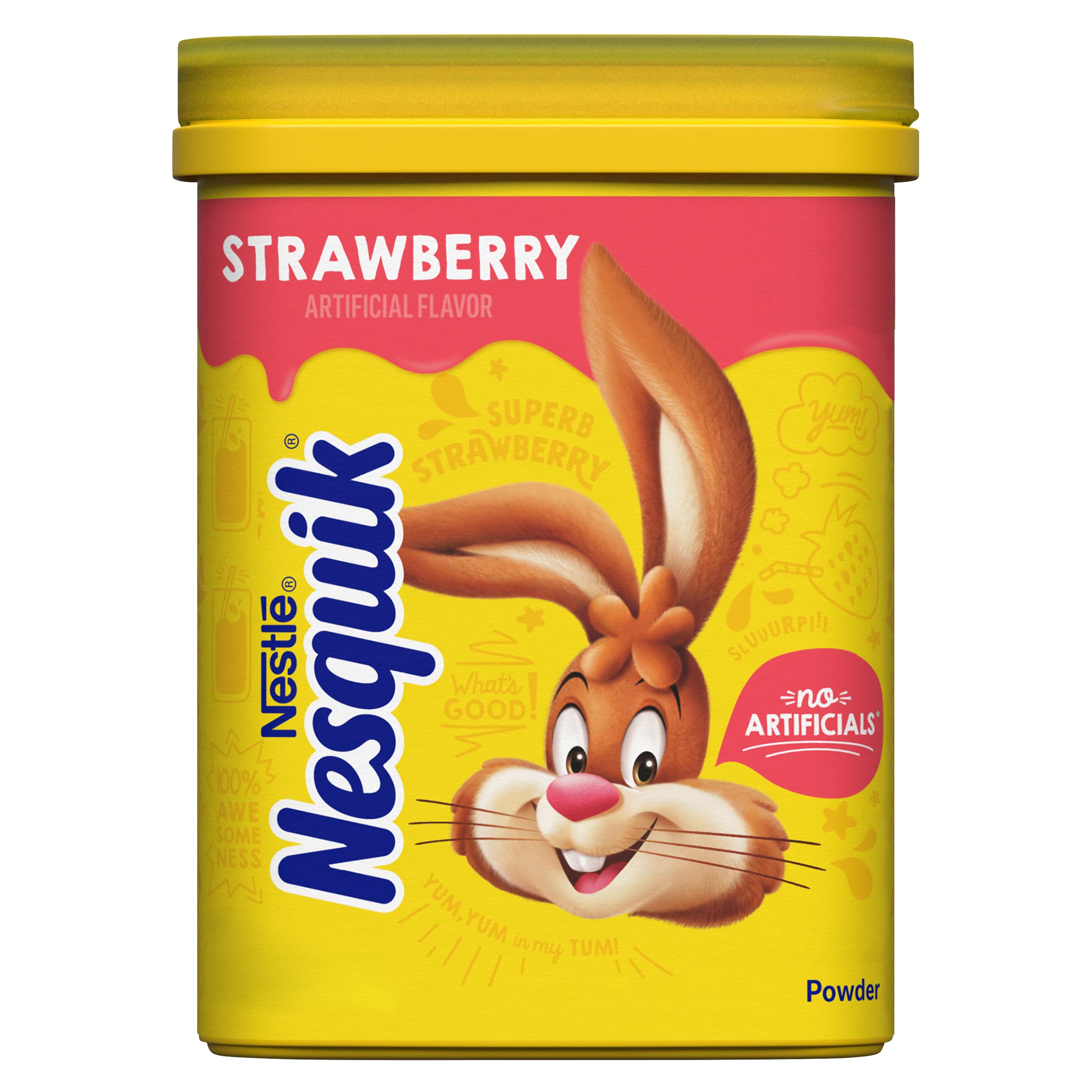 Nesquik strawberry powder canister front for easy pantry storage