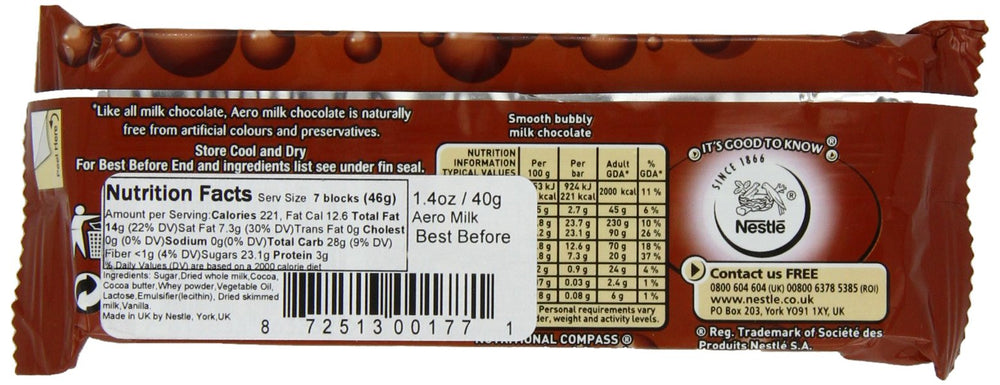 Nestle Aero packaging emphasizes England import for authentic flavor