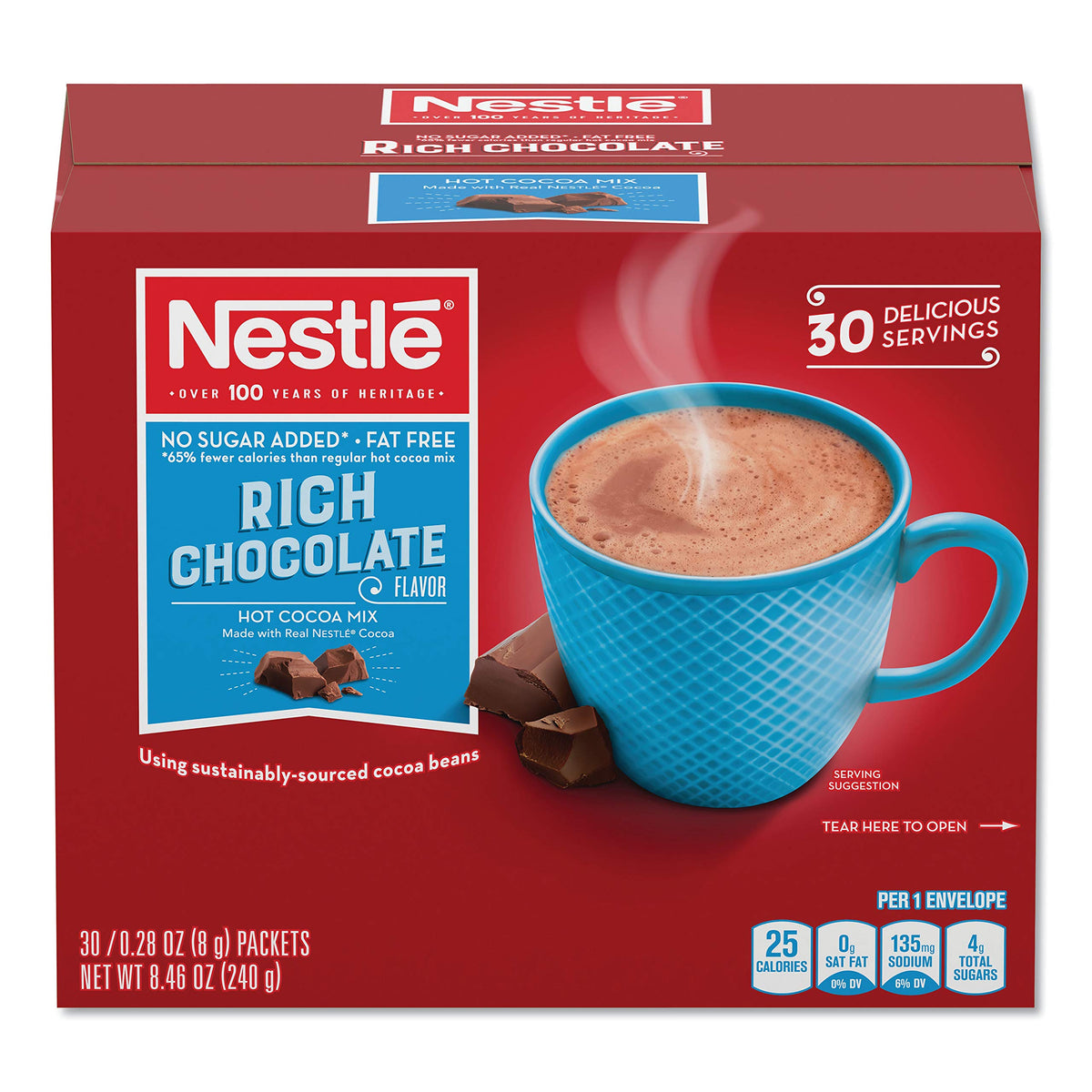 Nestlé Cocoa Mix No Sugar Added 30-count box keeps office breaks organized and low-cal.