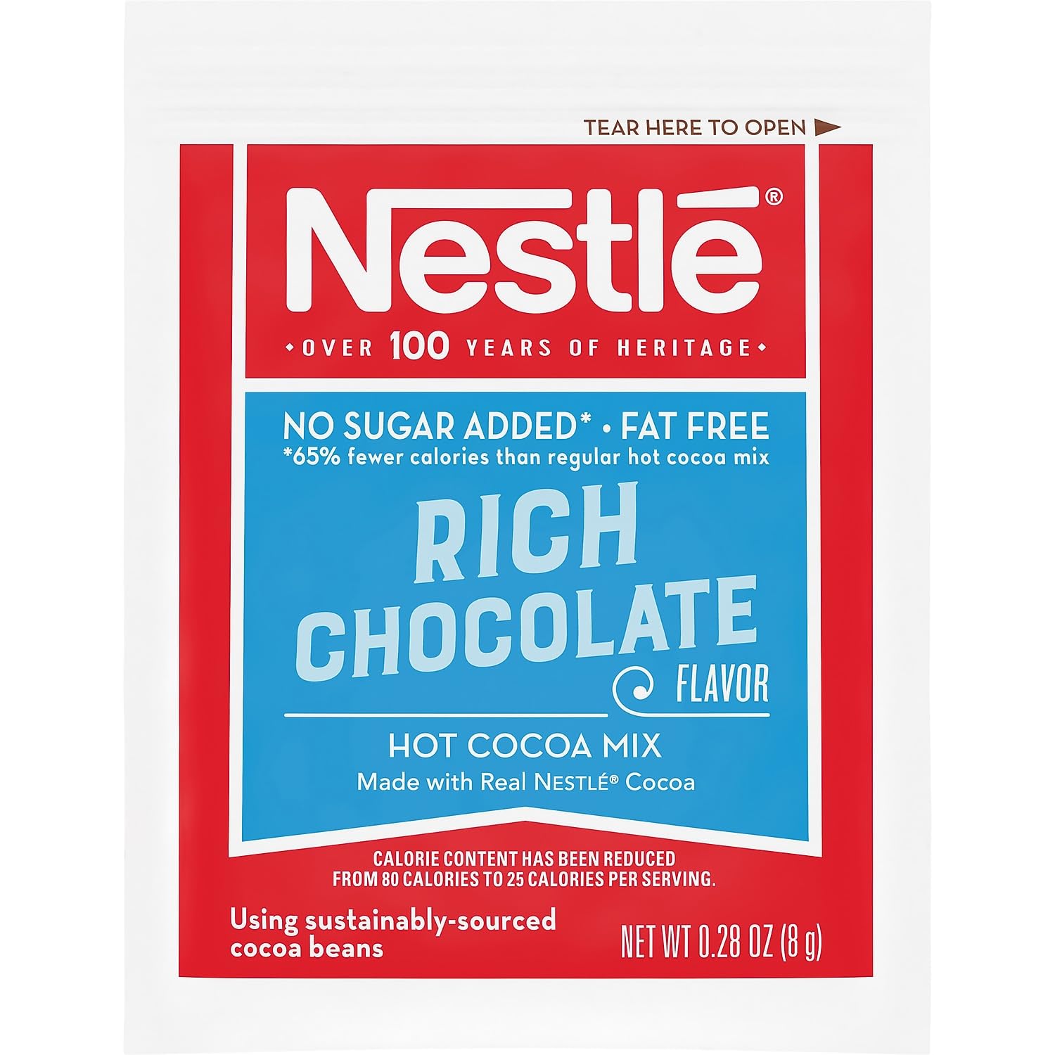 Hot cocoa in a mug prepared with Nestlé Cocoa Mix No Sugar Added.
