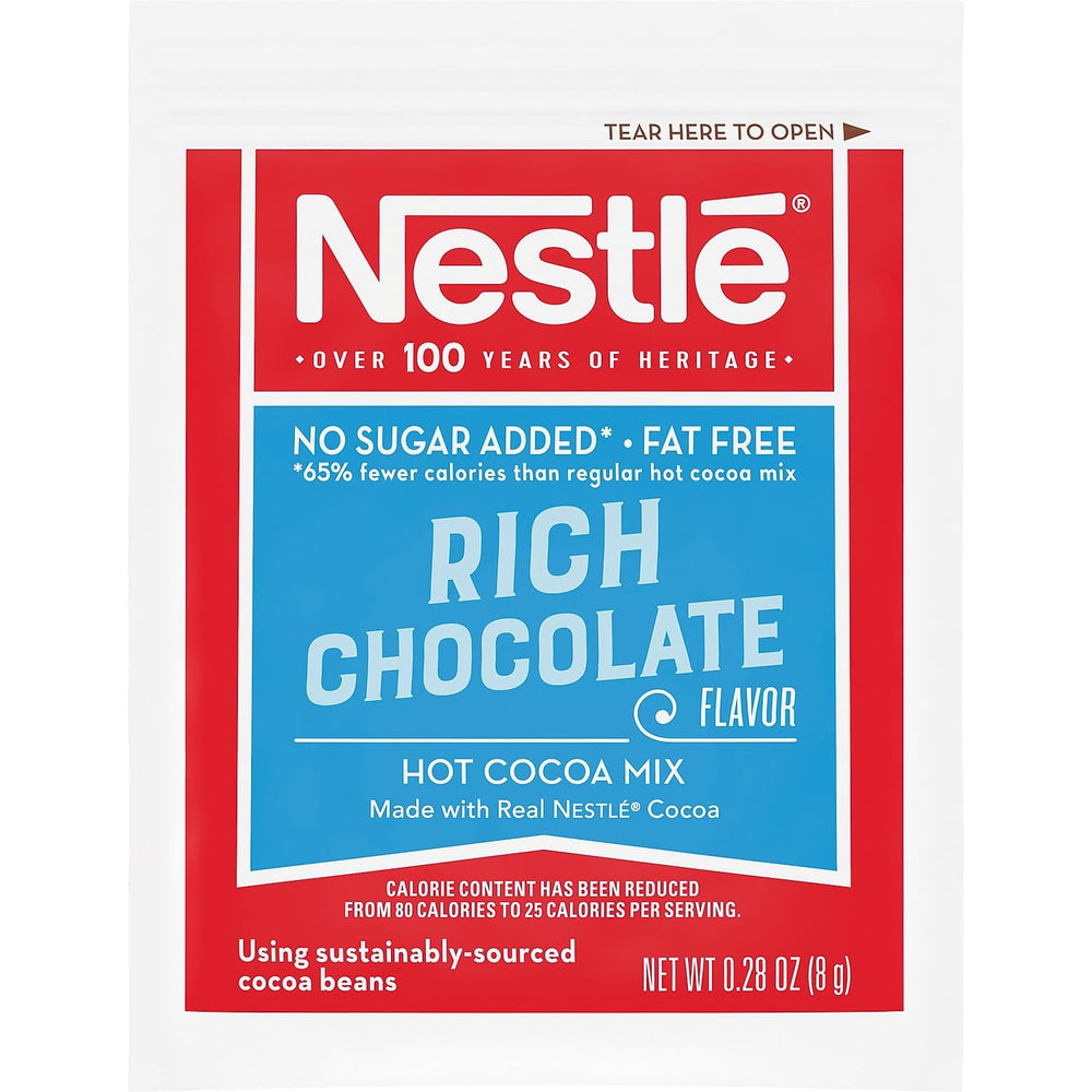 Hot cocoa in a mug prepared with Nestlé Cocoa Mix No Sugar Added.