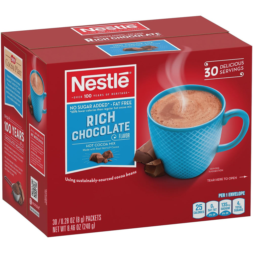 Nestlé Cocoa Mix No Sugar Added packets closeup highlights fat-free, low-cal cocoa.