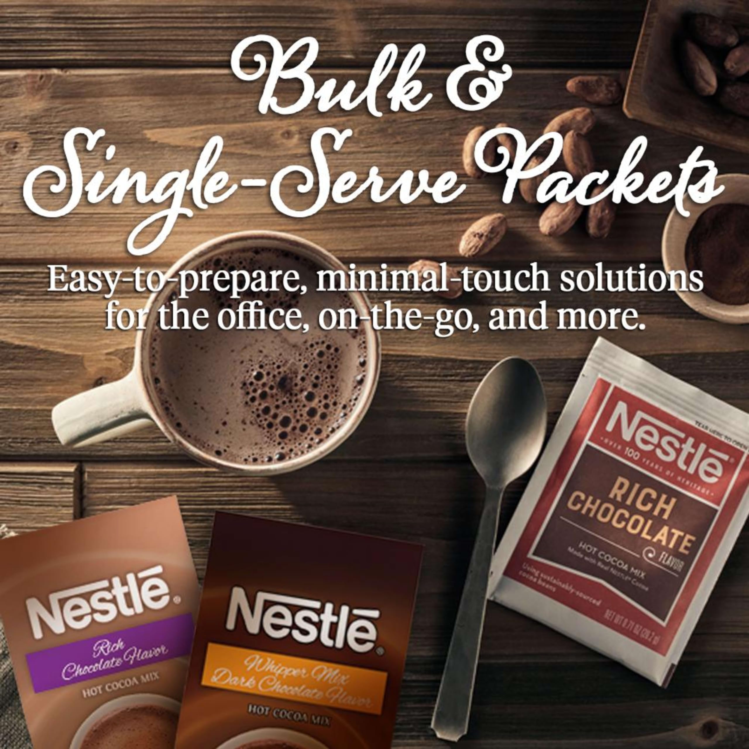 Nestle Hot Cocoa packaging highlights 18-month shelf life for bulk stock.