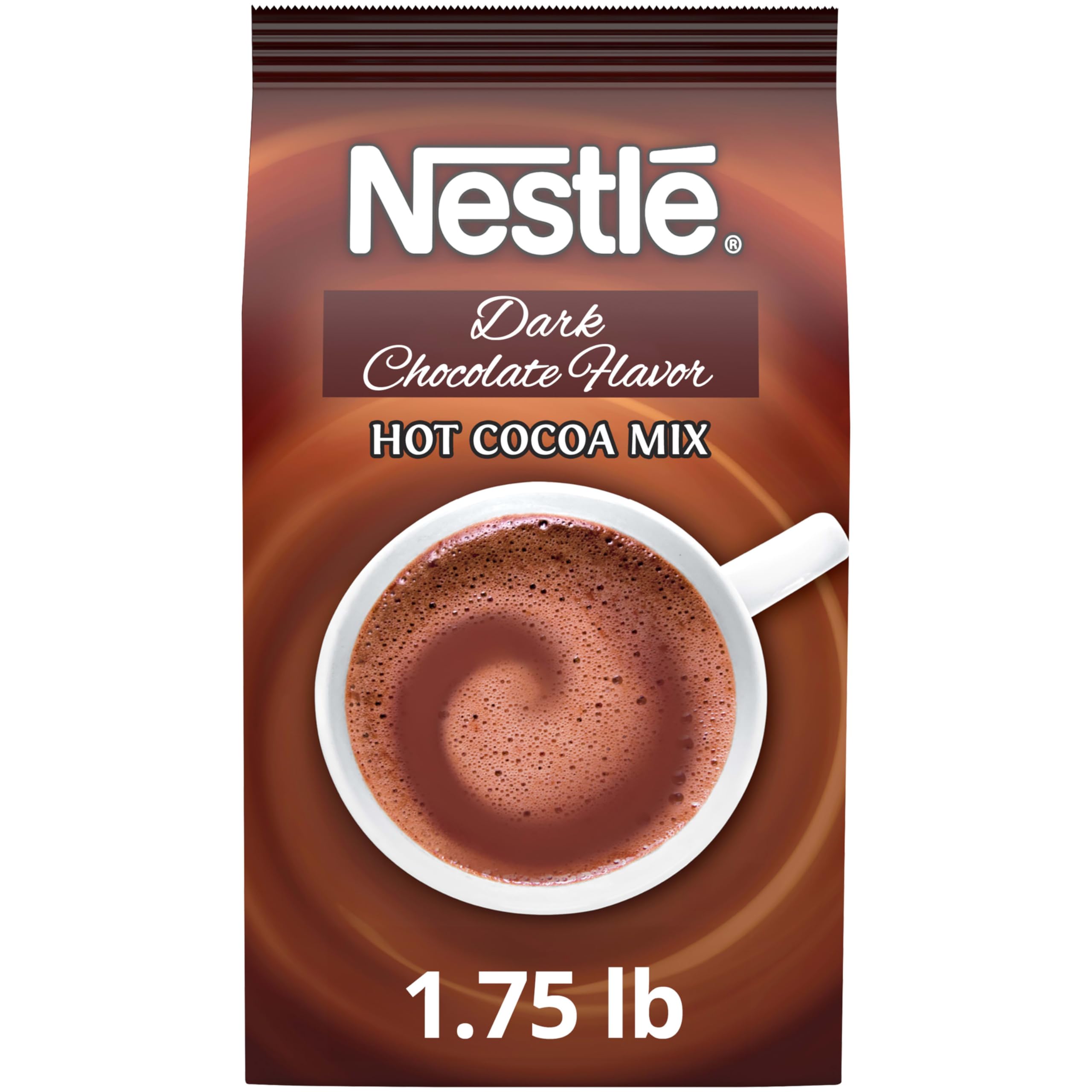 Nestle Hot Cocoa bulk bag with dark chocolate mix, ideal for cafeterias and large beverage stations.