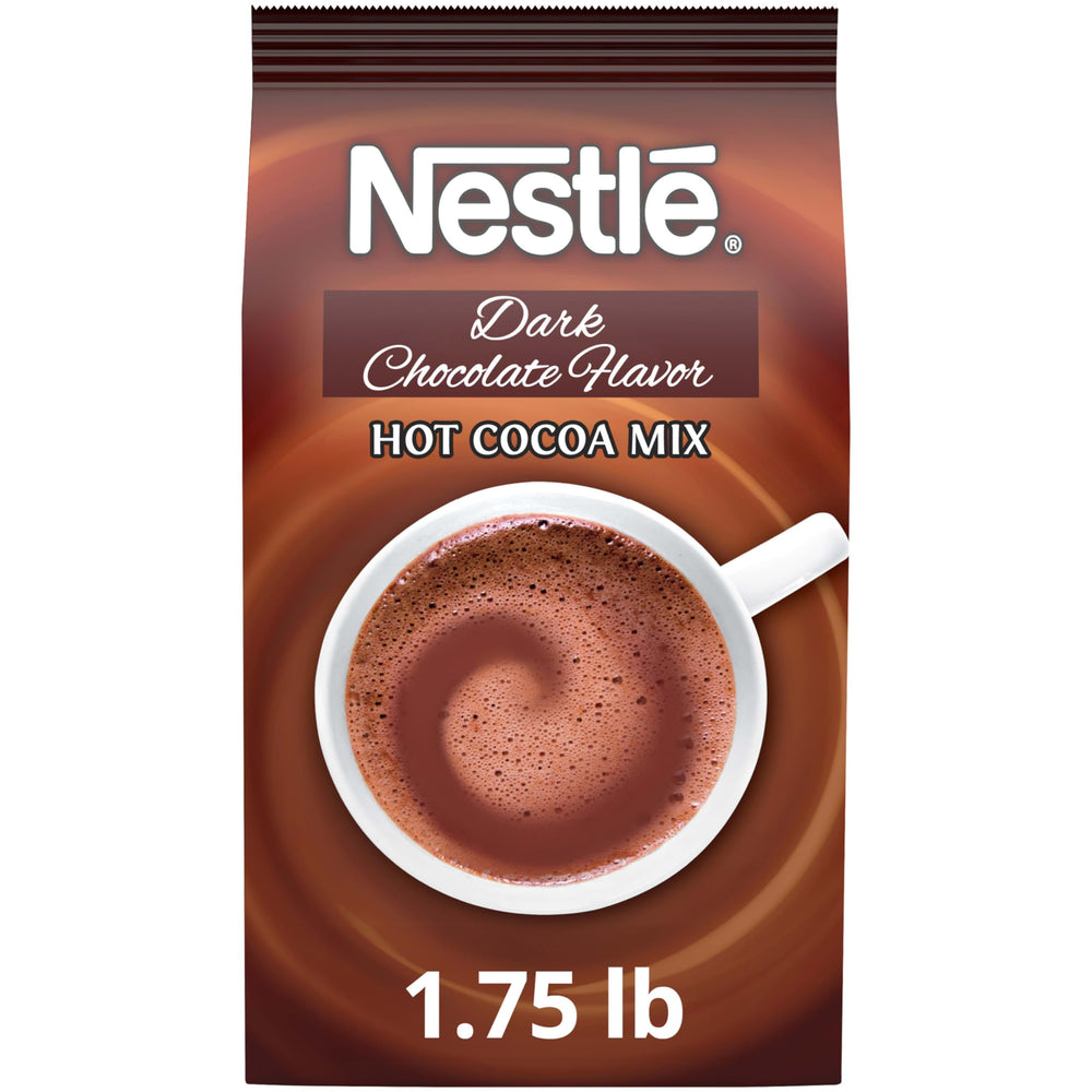 Nestle Hot Cocoa bulk bag with dark chocolate mix, ideal for cafeterias and large beverage stations.