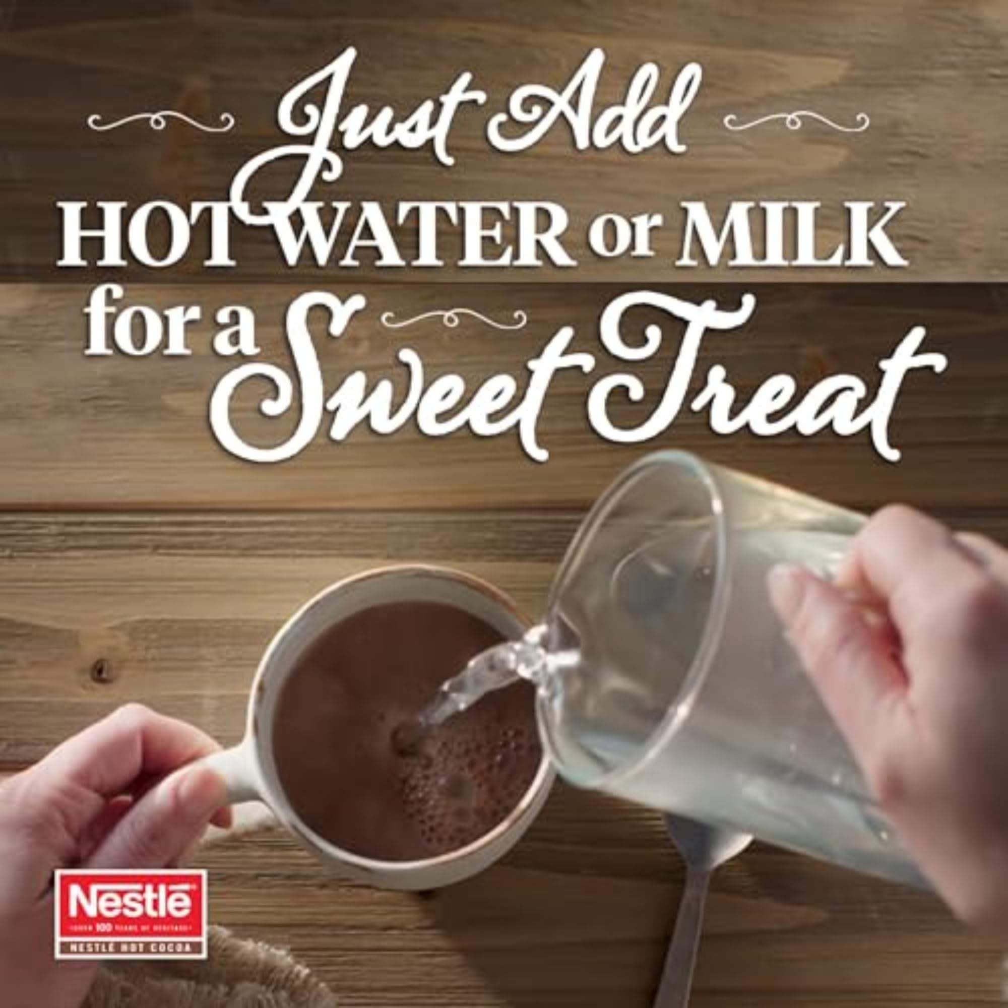 Nestle Hot Cocoa cup prepared with hot water or milk in moments