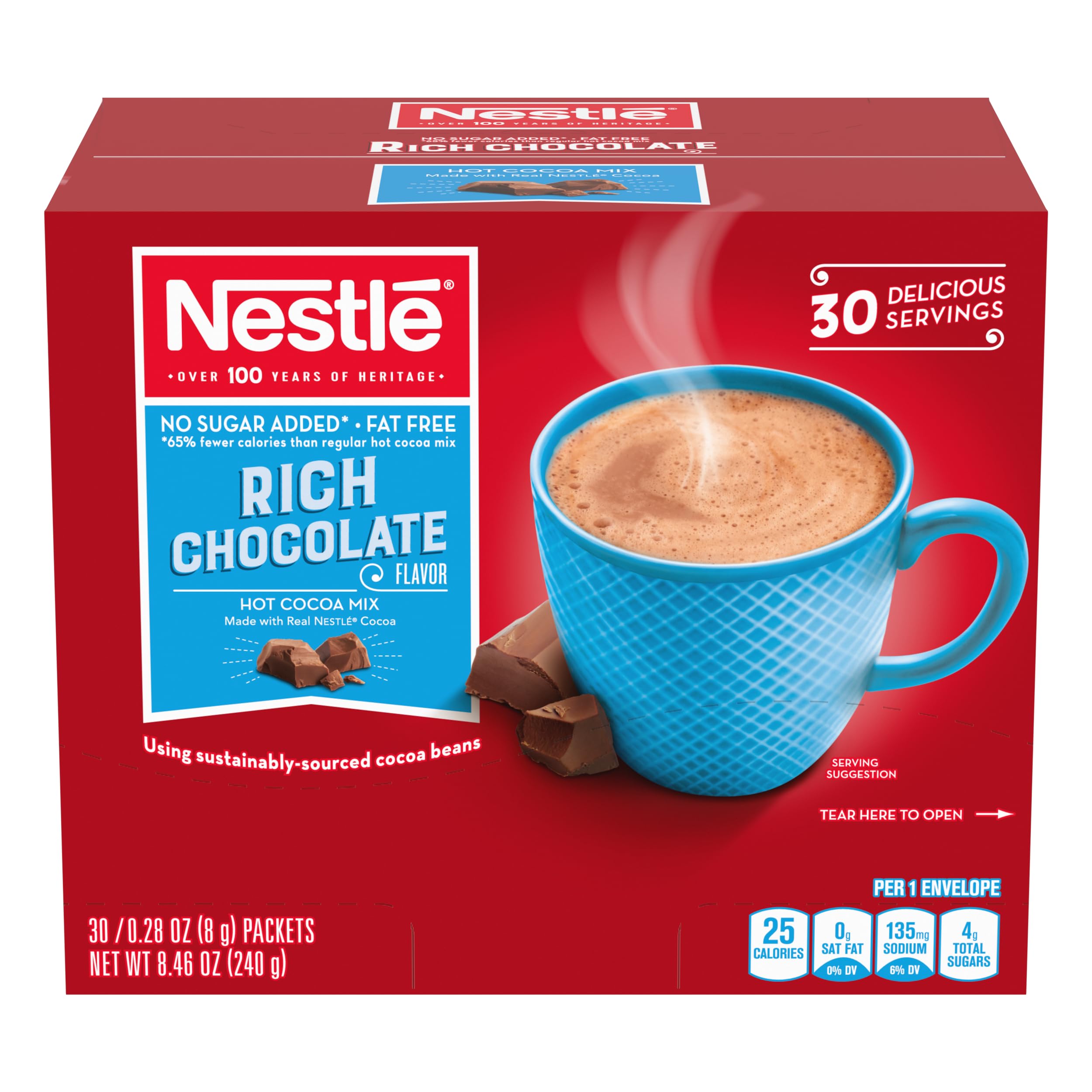 Nestle Hot Cocoa no sugar added dispenser box on a clean counter for easy serving.