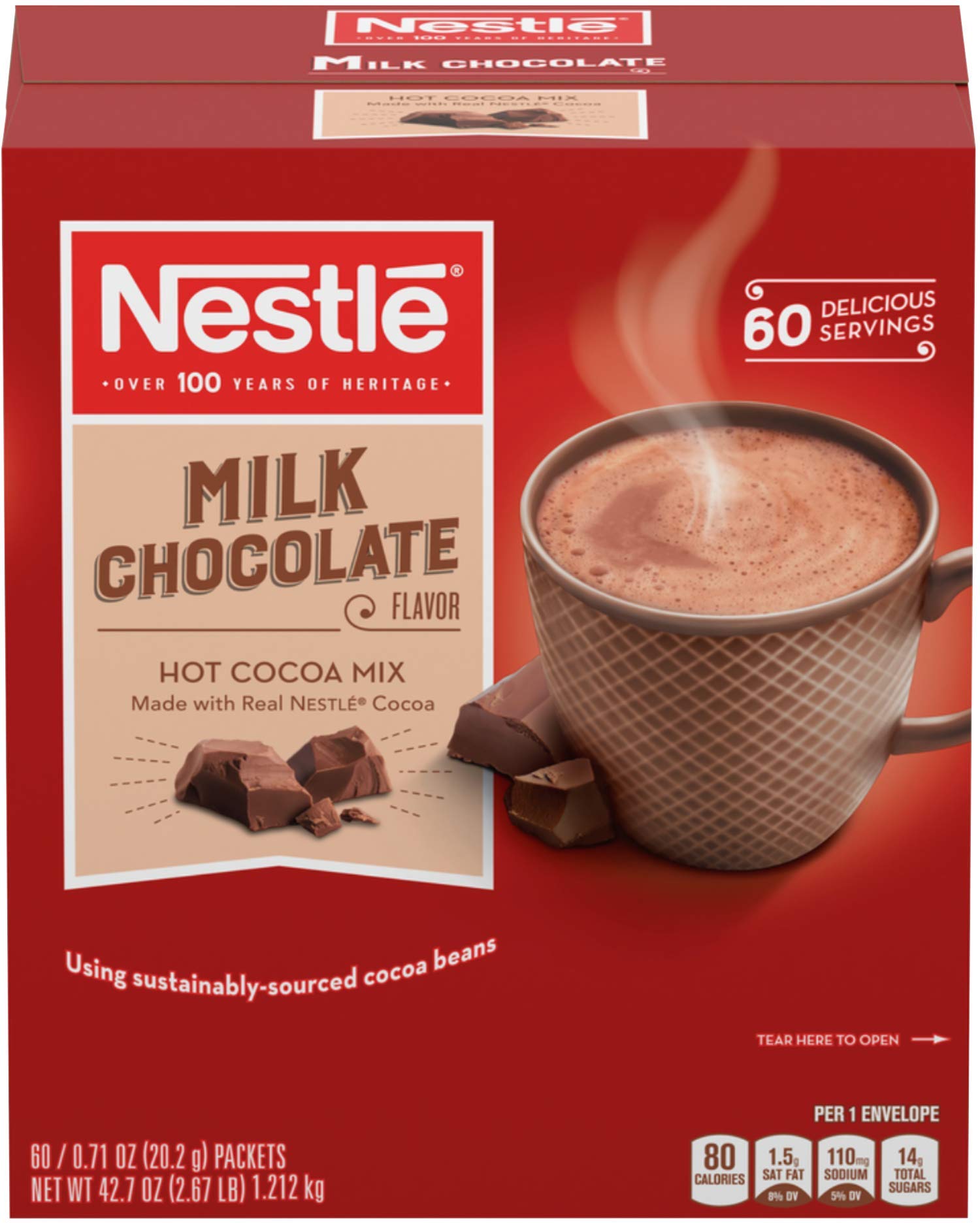 Nestle Hot Cocoa packets close-up showing rich milk chocolate flavor.
