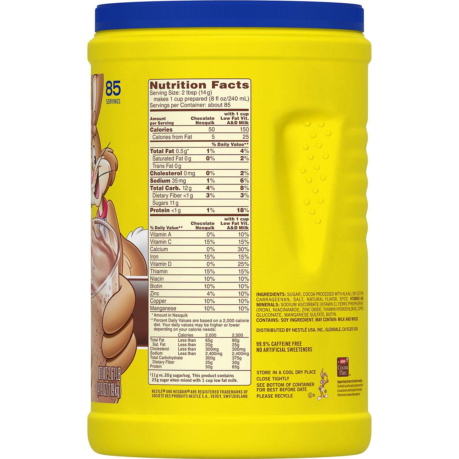 Pour Nesquik chocolate powder into milk for a creamy, chocolatey drink.