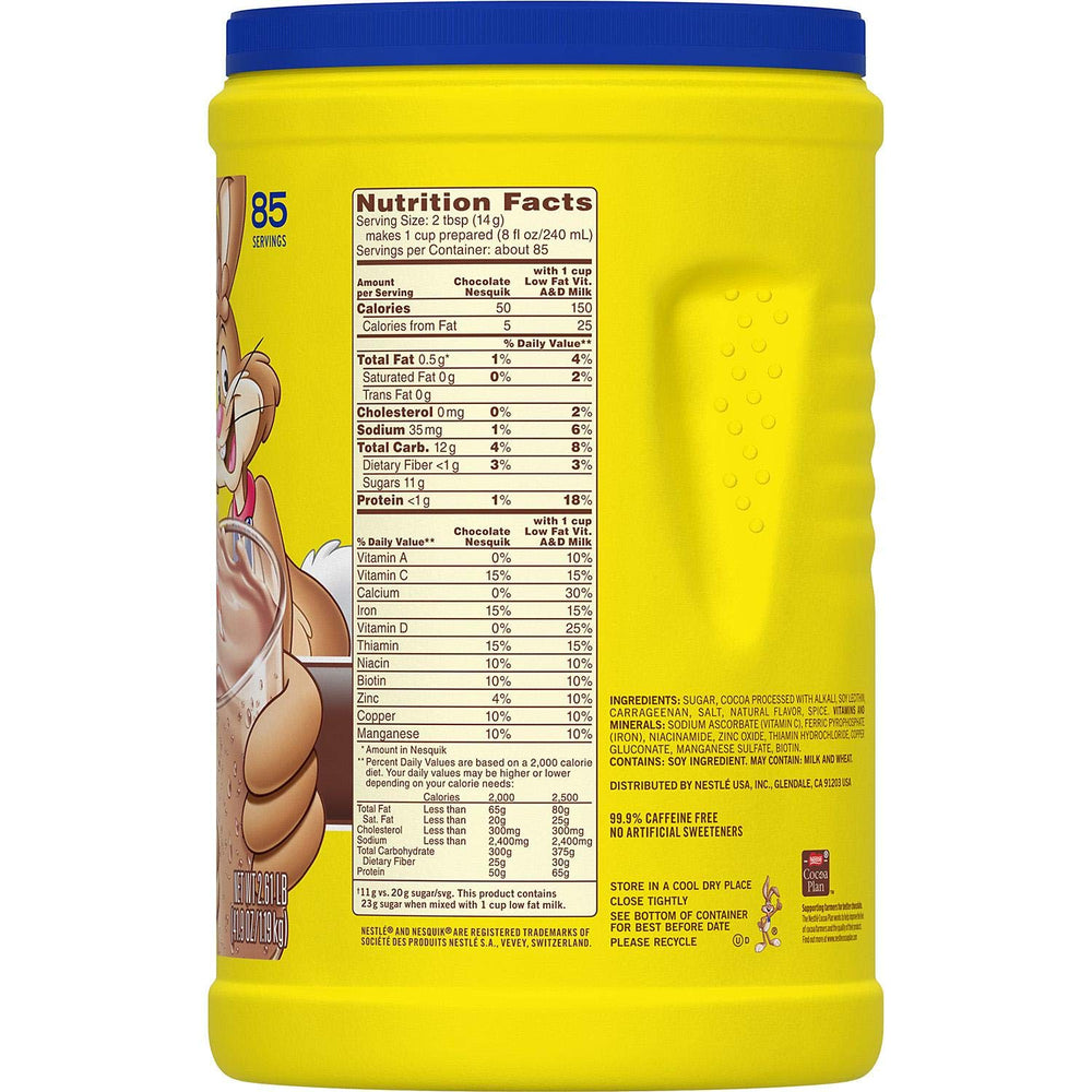 Pour Nesquik chocolate powder into milk for a creamy, chocolatey drink.