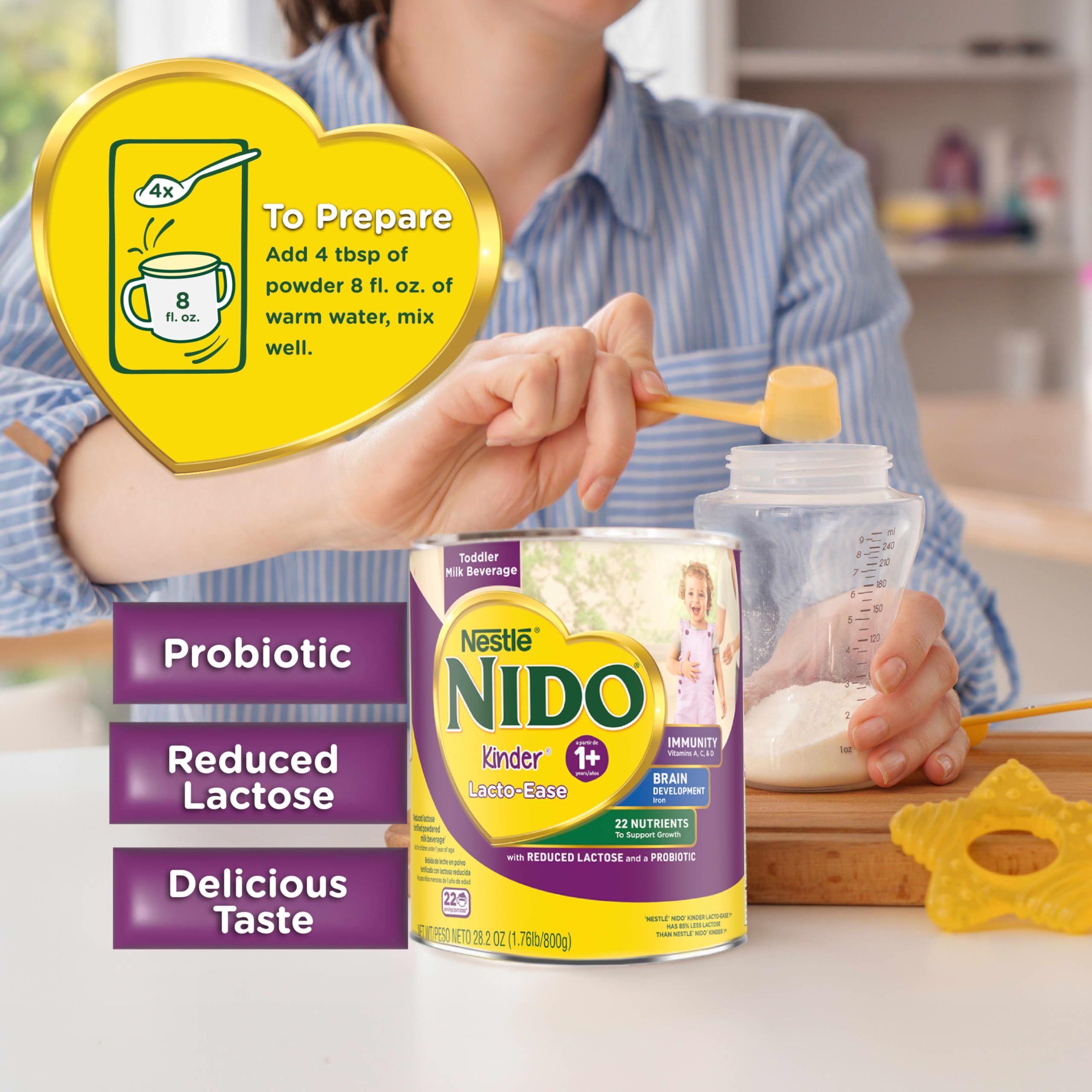 NIDO Lacto-Ease jar reflects encapsulated powder.