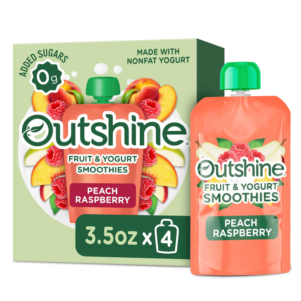 Nestlé Outshine peach raspberry smoothie pouch front view for on-the-go snacking.
