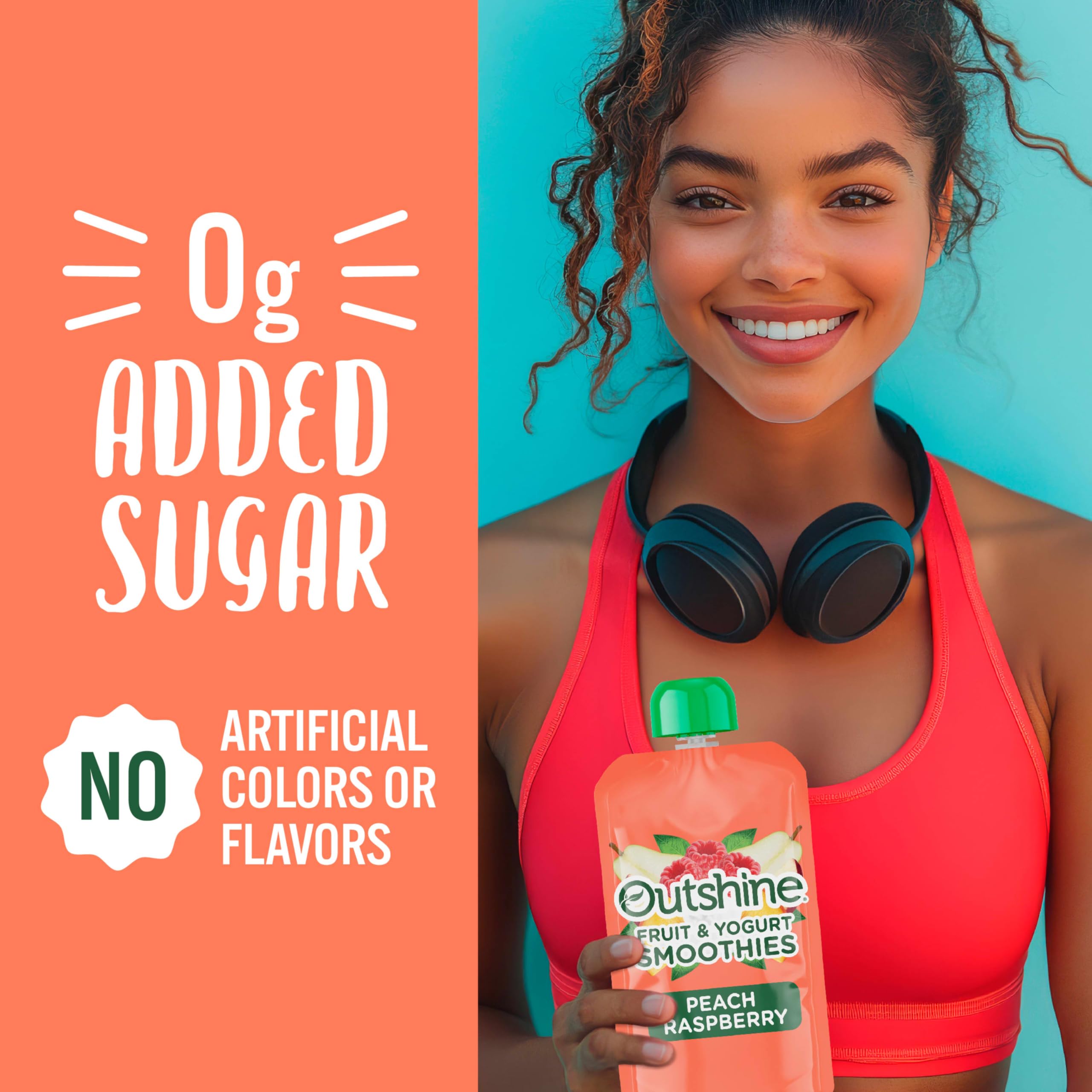 Nestlé Outshine pouch held in hand with vibrant peach and raspberry colors.