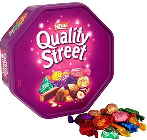 Nestle Quality Street tub close-up of chocolates and textures.