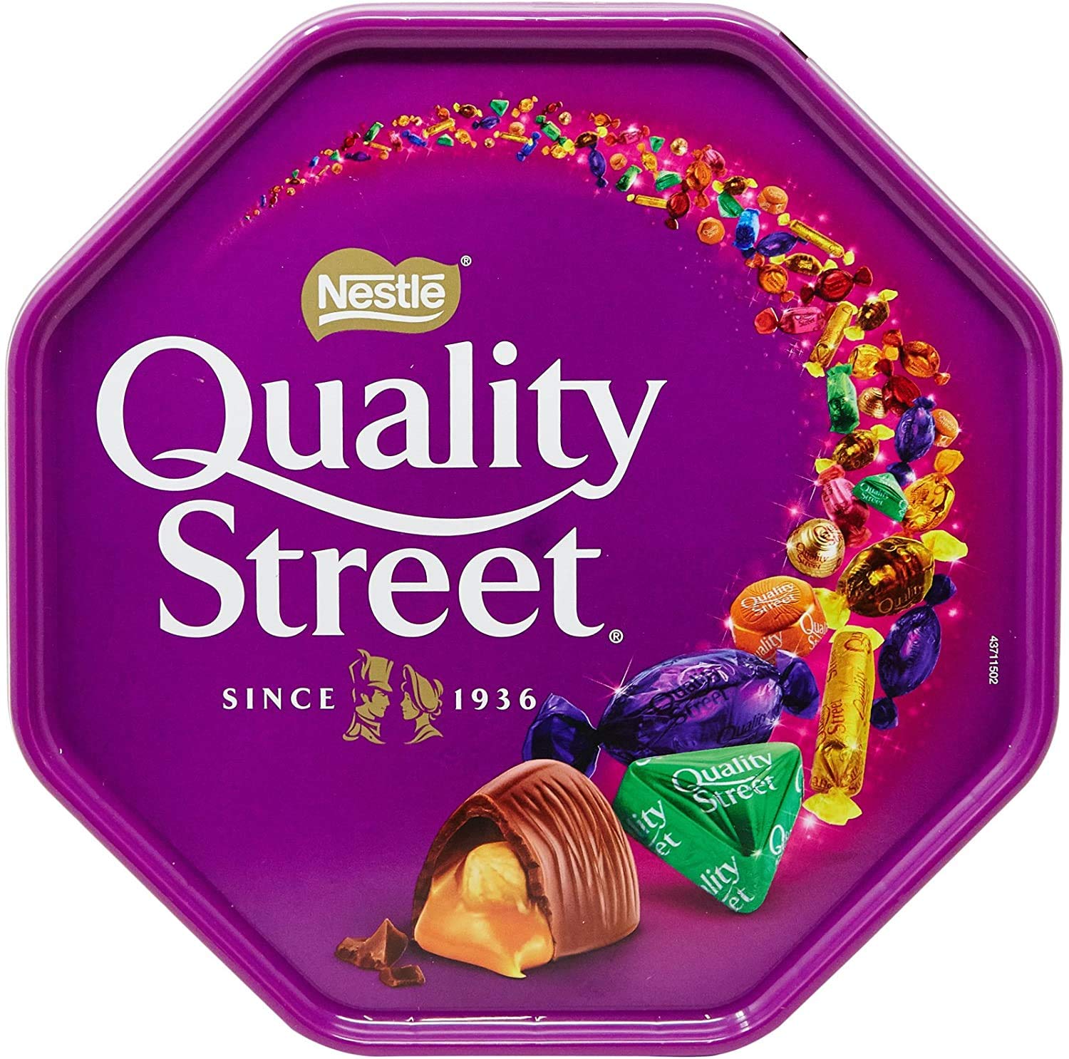 Nestle Quality Street tub with colorful wrappers; visual appeal.