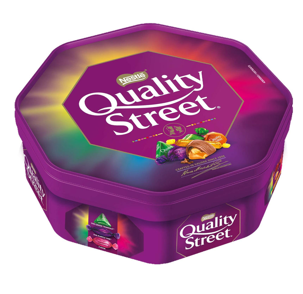 Nestle Quality Street tub on store shelf, easy to spot.