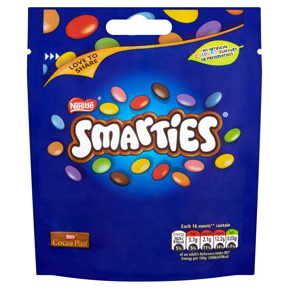 Nestle Smarties Original pouch bag—colorful candy-coated chocolates ideal for sharing and snacking