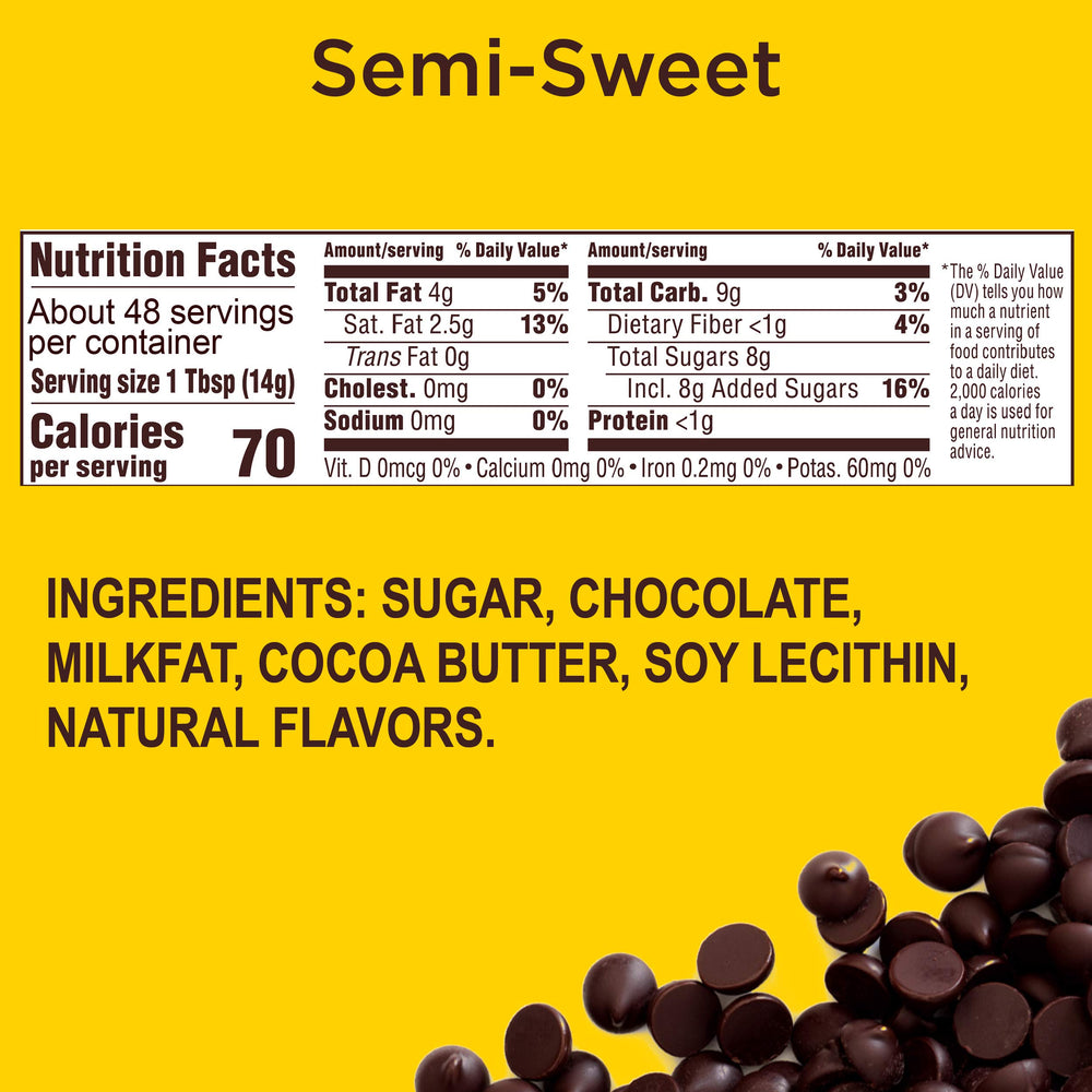 Nestlé Toll House dark chocolate chips bag with 53% cacao for rich desserts