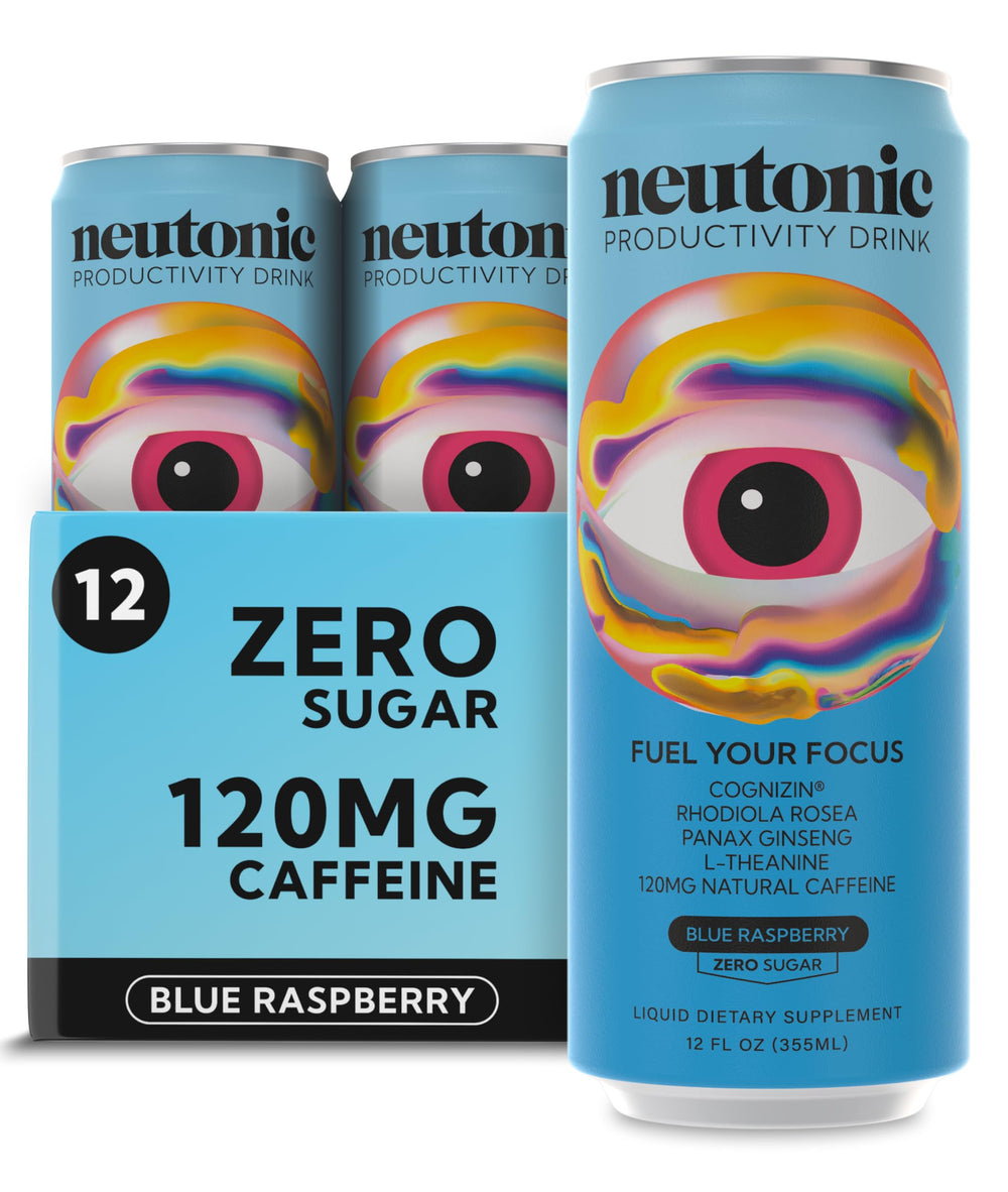 Neutonic blue raspberry can closeup highlighting a refreshing, sugar-free energy boost for focus.