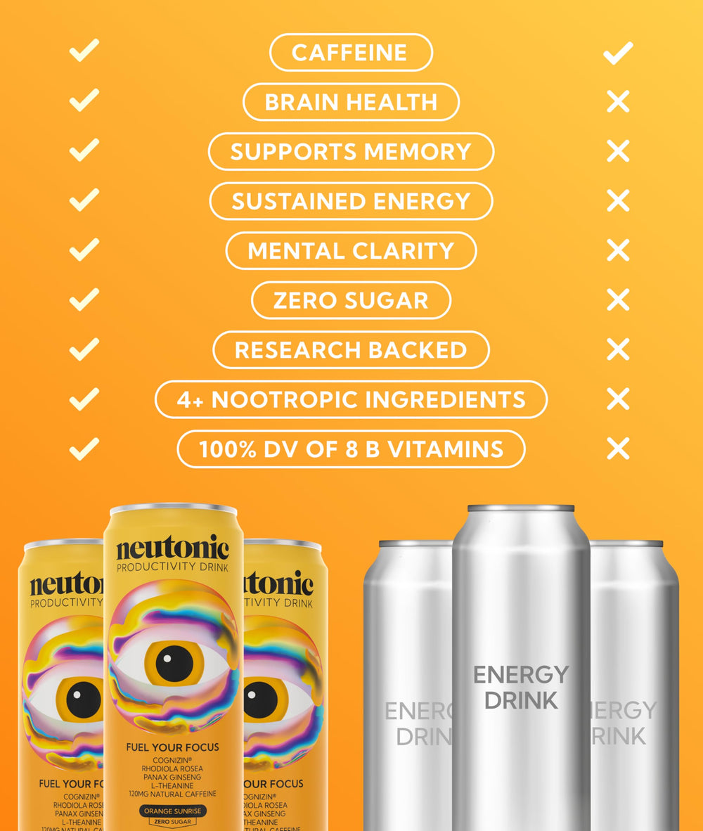 Neutonic Orange Sunrise can side view emphasizing zero sugar and natural caffeine