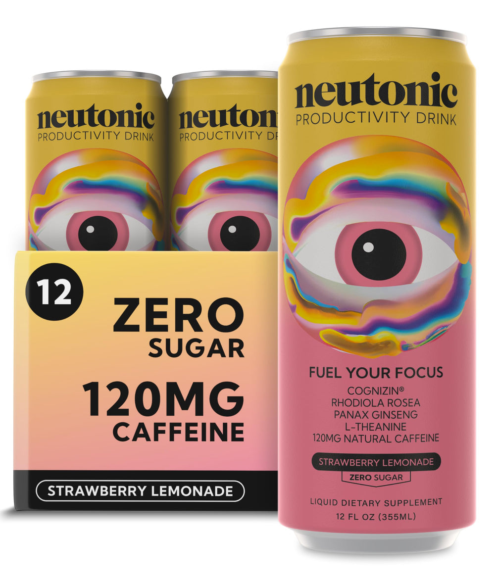 Neutonic strawberry lemonade can label shows zero sugar and natural caffeine for clean energy.