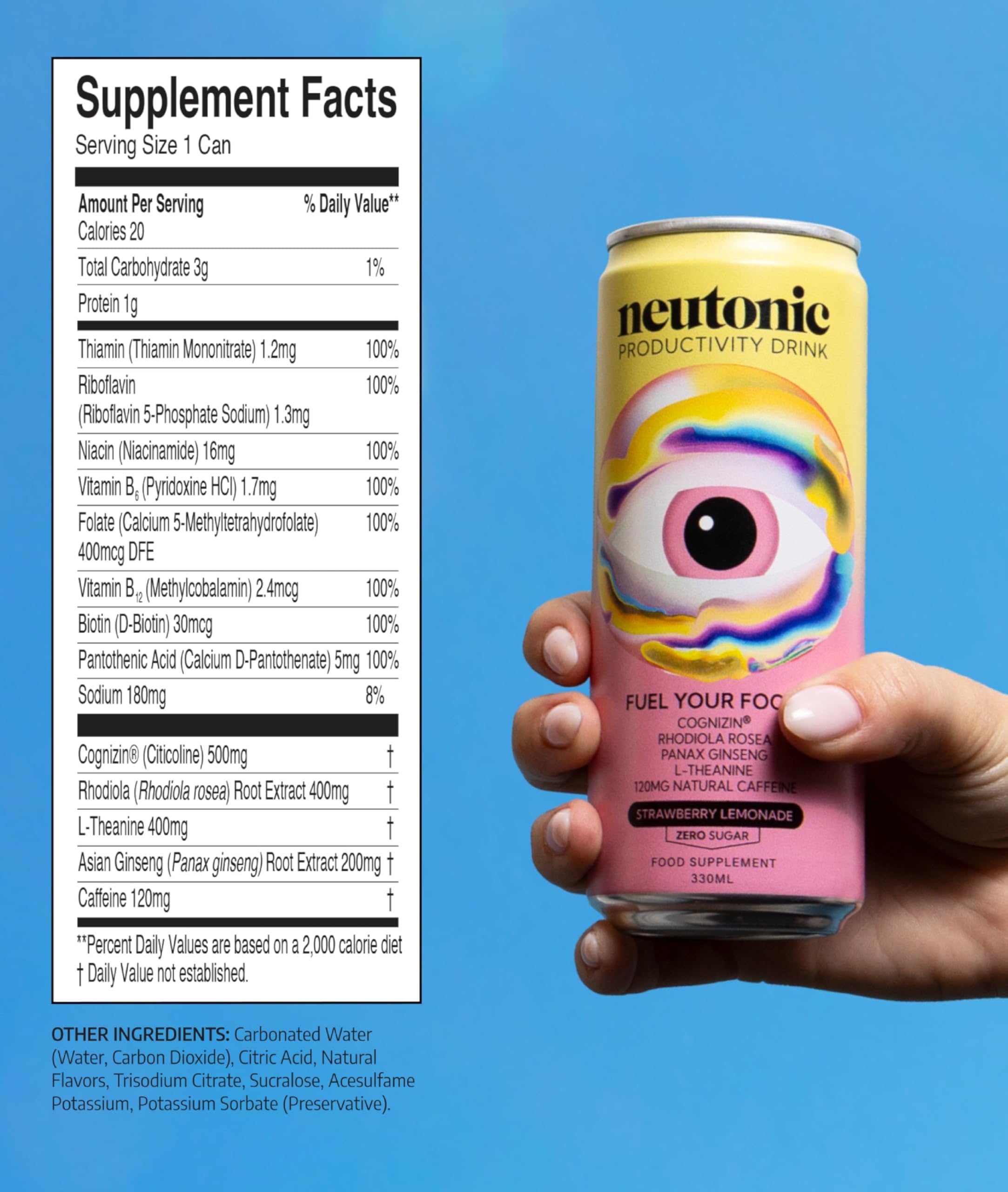 Glass being poured from Neutonic strawberry lemonade can emphasizes refreshing focus boost.