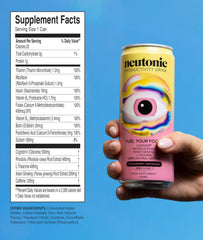 Glass being poured from Neutonic strawberry lemonade can emphasizes refreshing focus boost.