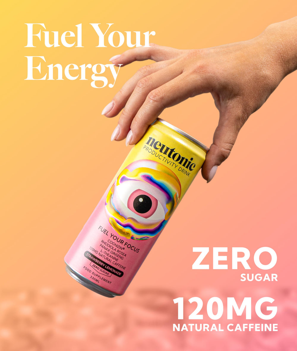 Fizz in Neutonic glass with lemon slice suggests refreshing cognitive clarity.