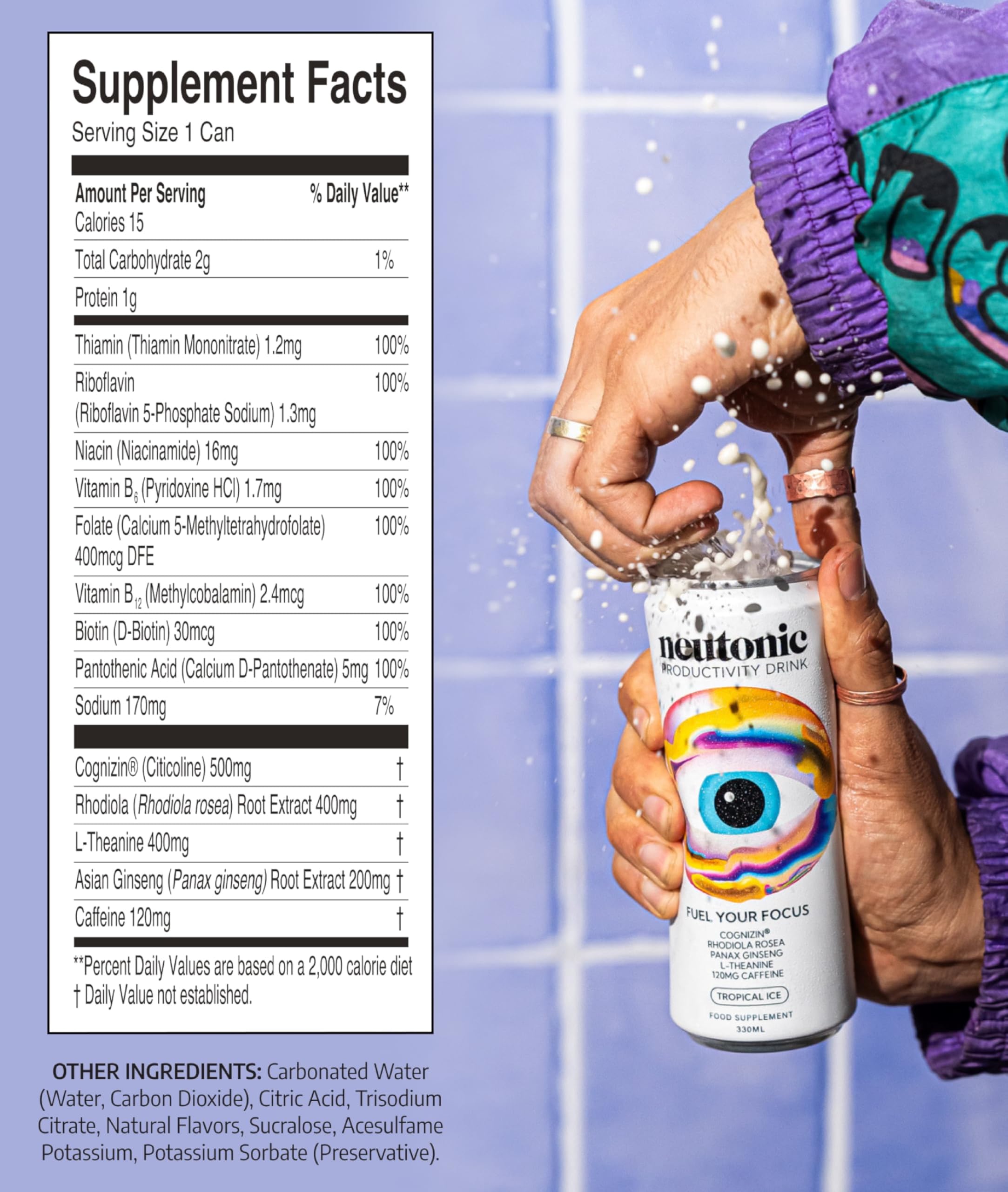 Neutonic Tropical Ice can side view highlighting zero sugar and alertness.