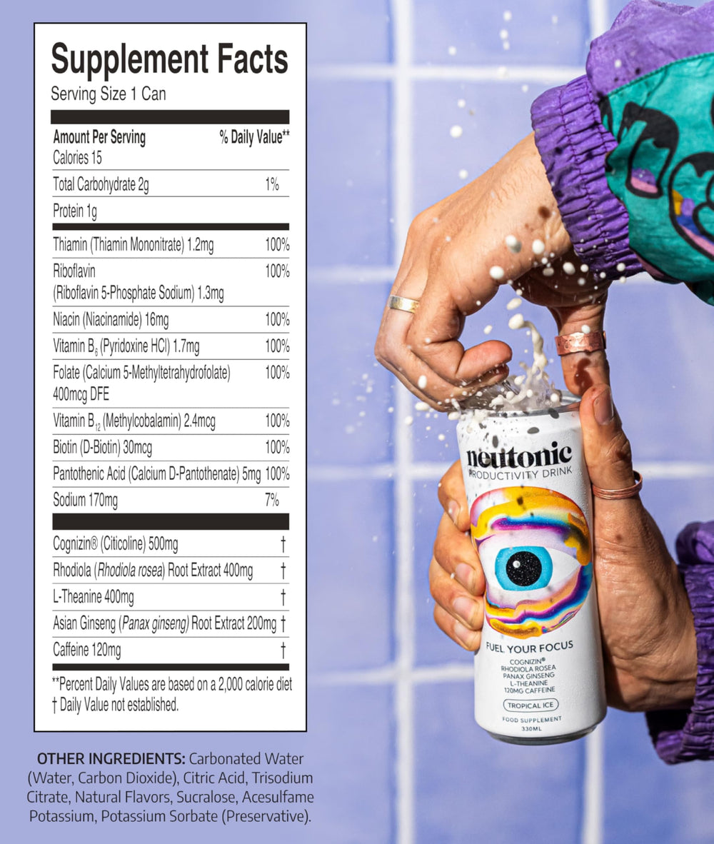 Neutonic Tropical Ice can side view highlighting zero sugar and alertness.