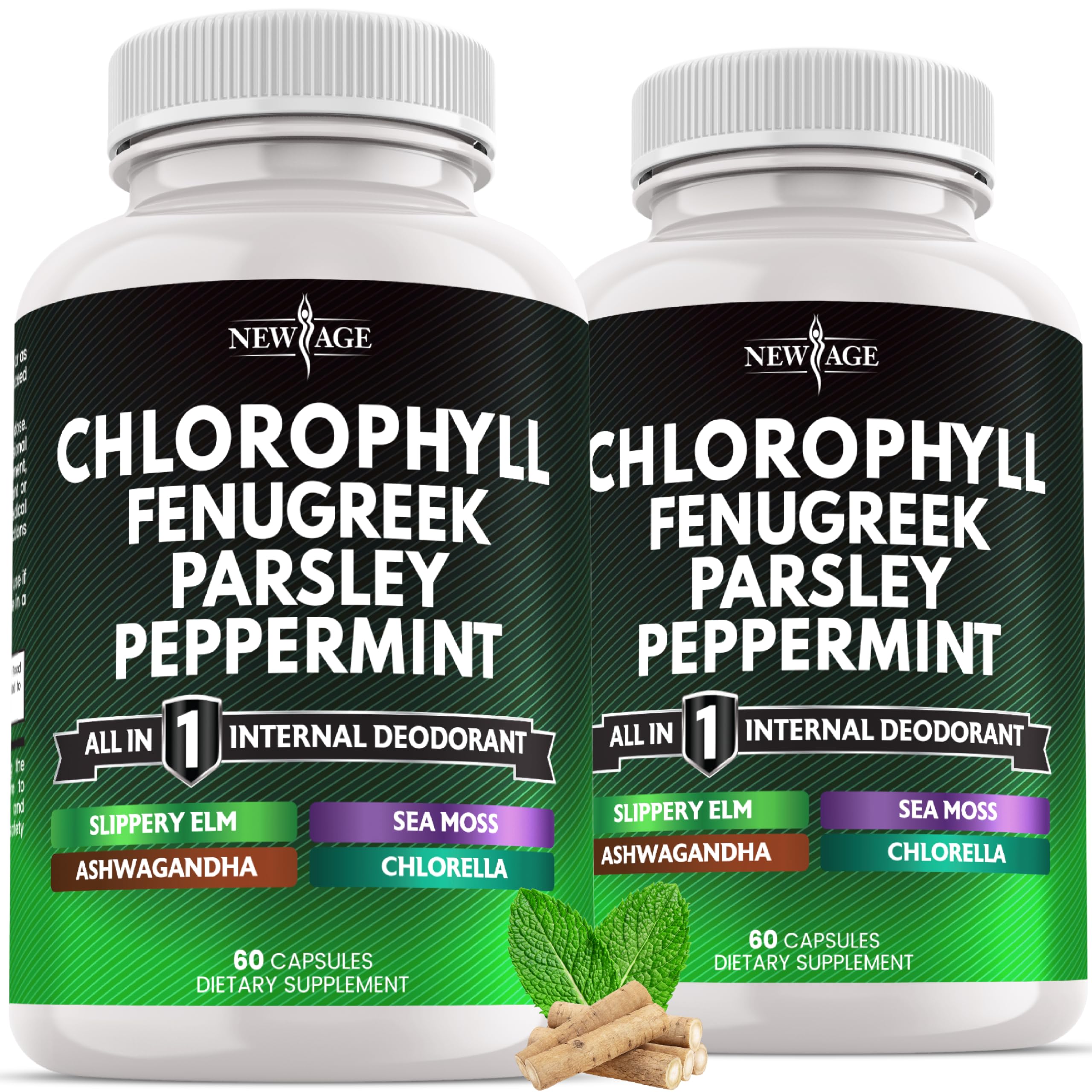 NEW AGE Chlorophyll Fenugreek Capsules bottle close-up for daily greens