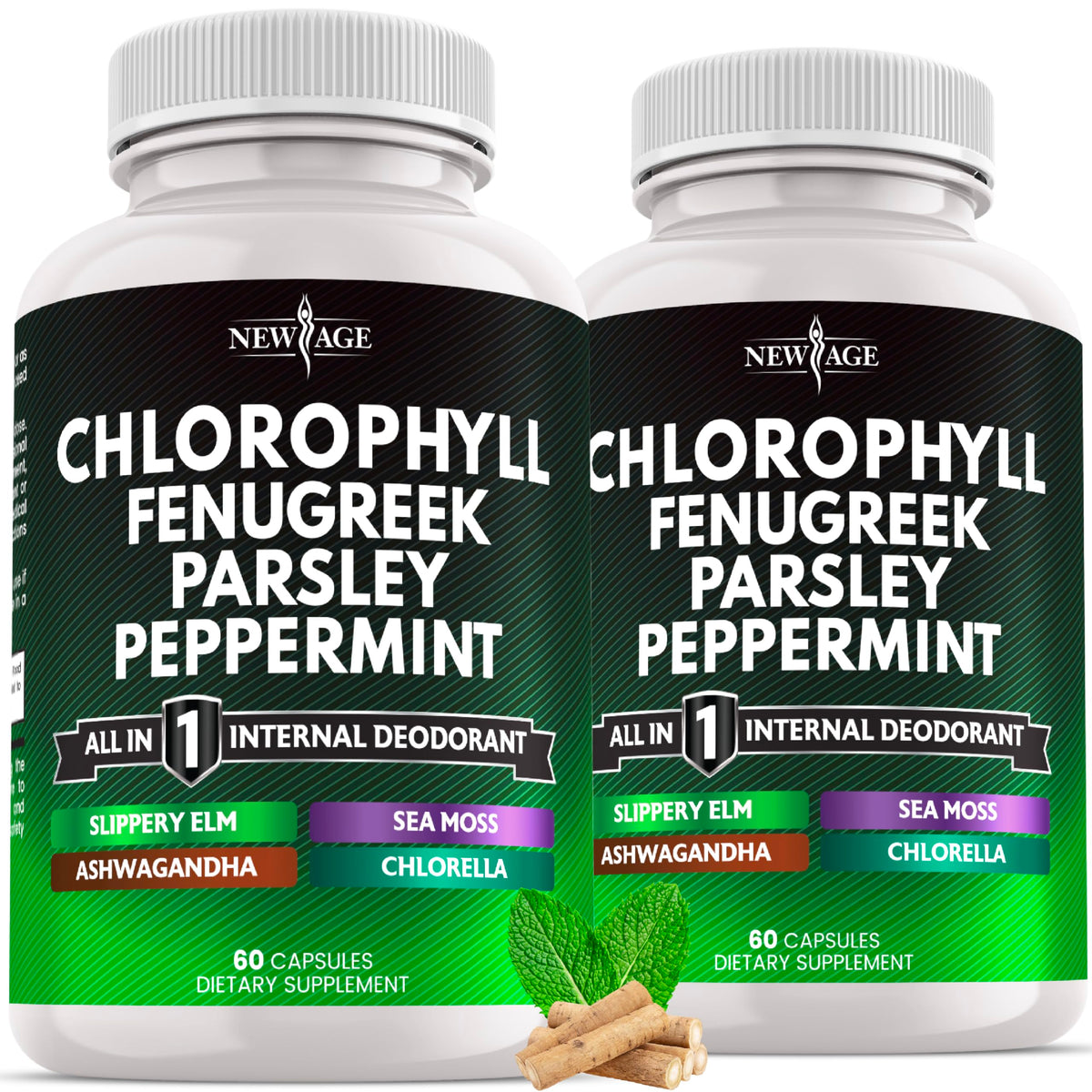 NEW AGE Chlorophyll Fenugreek Capsules bottle close-up for daily greens