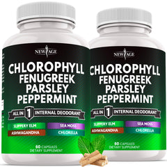 NEW AGE Chlorophyll Fenugreek Capsules bottle close-up for daily greens