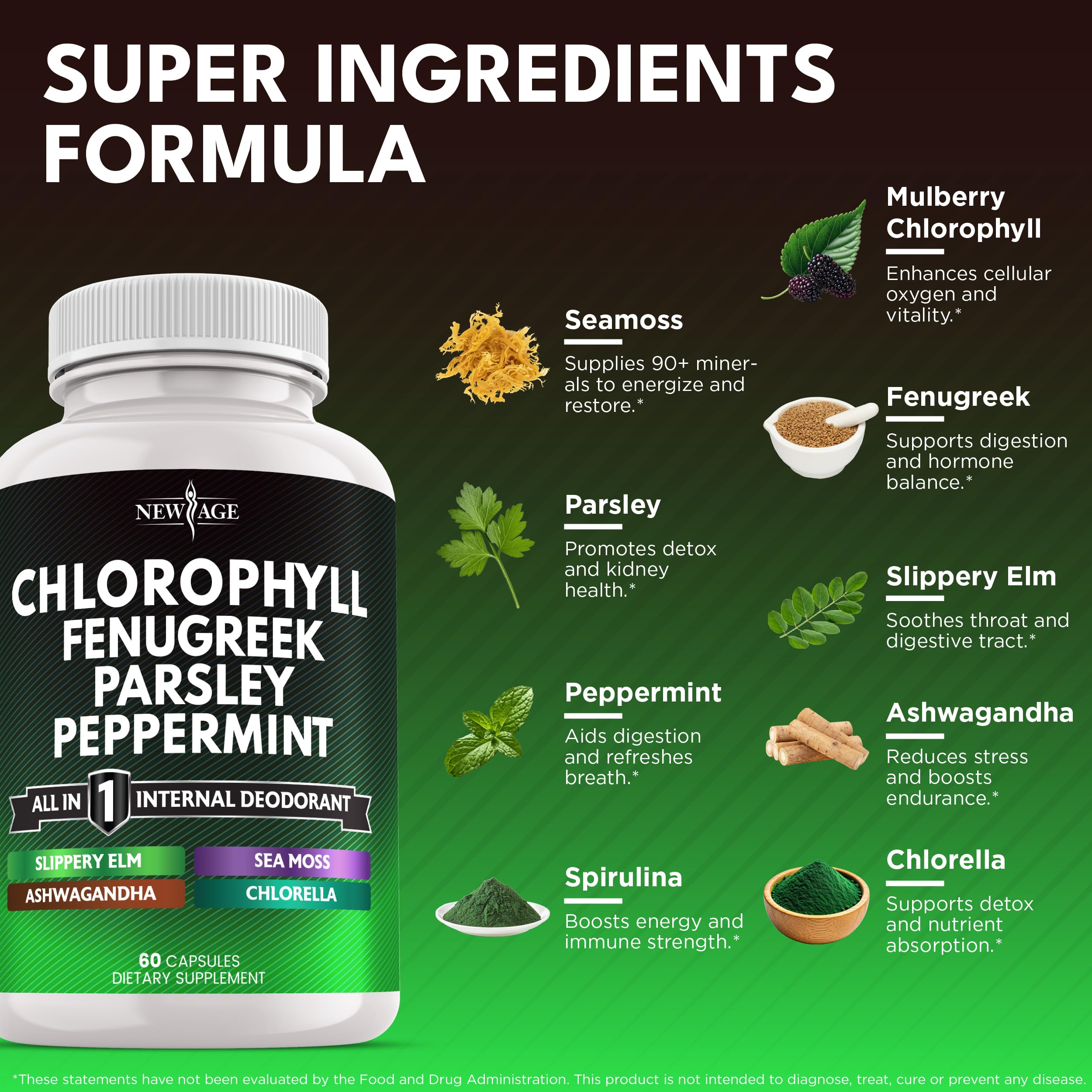 NEW AGE Chlorophyll Fenugreek Capsules bottle pour for easy dosing