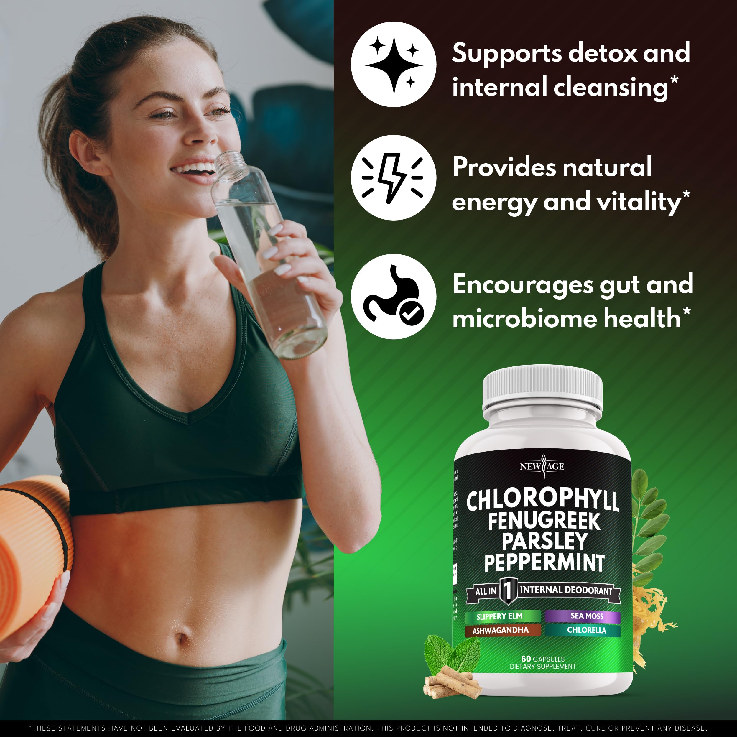 NEW AGE Chlorophyll Fenugreek Capsules packaging highlights 120-count greens blend
