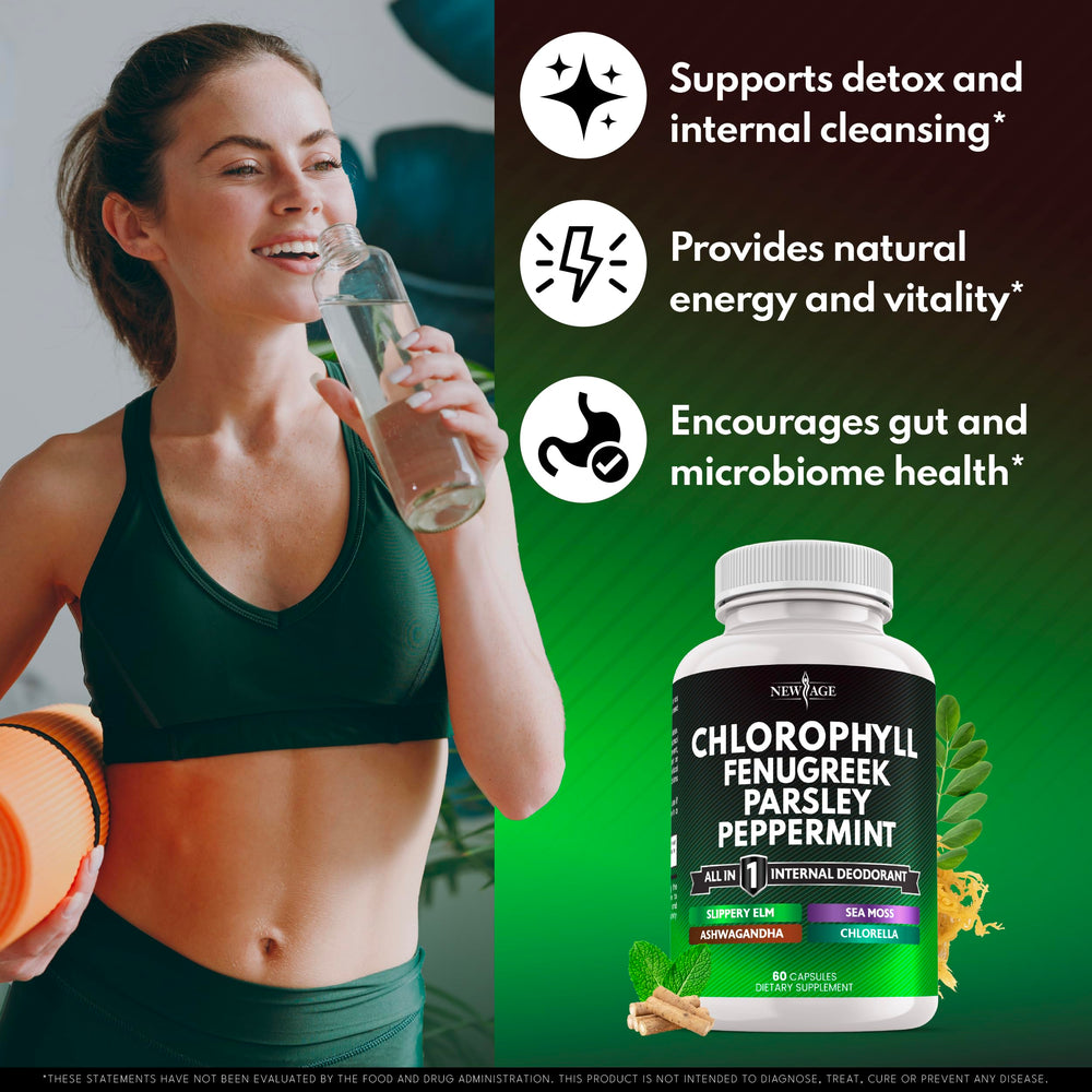 NEW AGE Chlorophyll Fenugreek Capsules packaging highlights 120-count greens blend