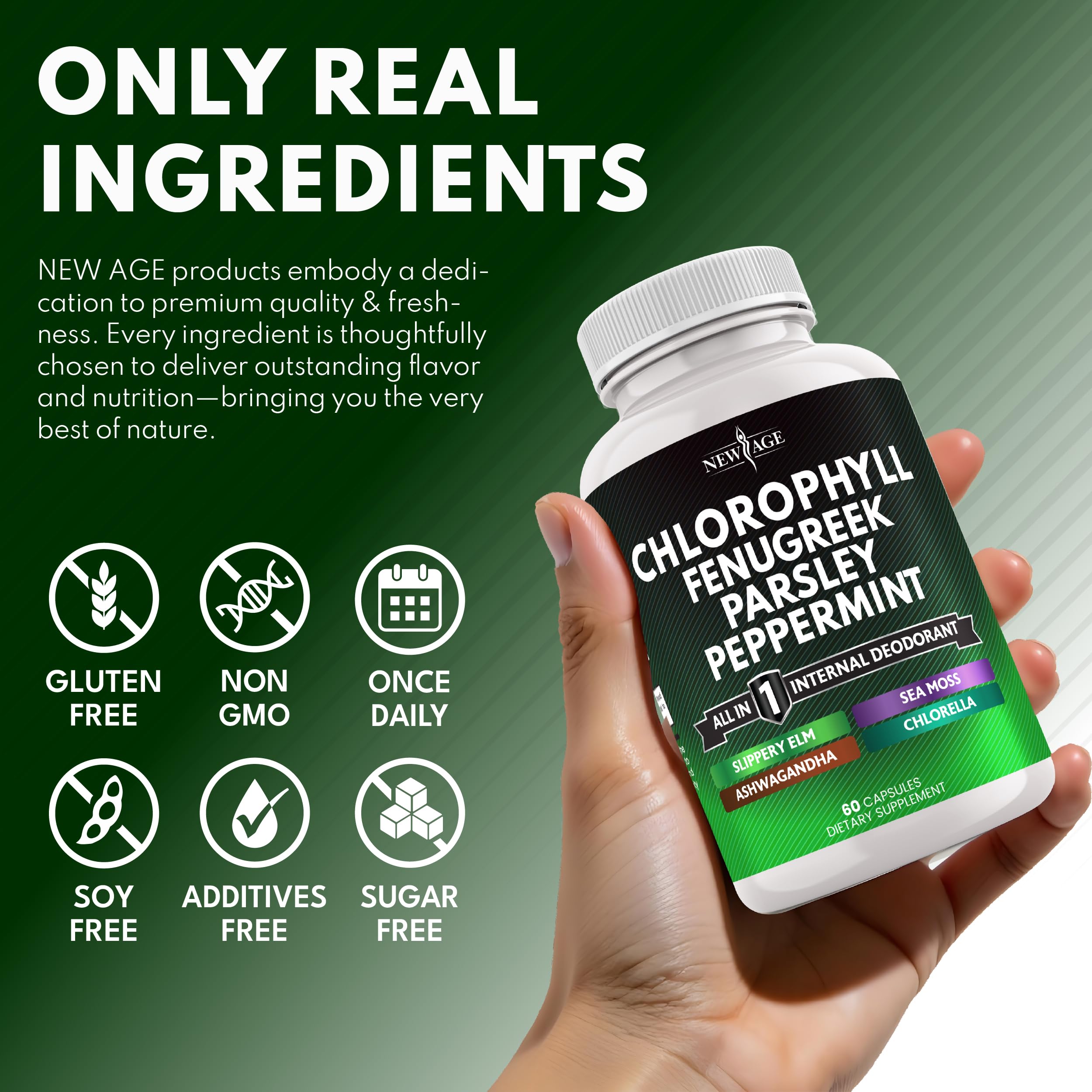 NEW AGE Chlorophyll Fenugreek Capsules peppermint leaf adds a fresh note