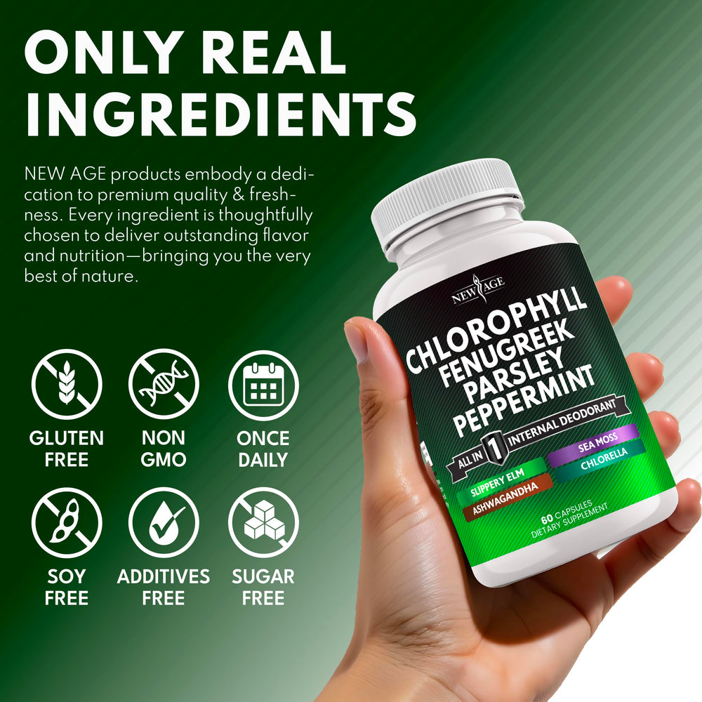 NEW AGE Chlorophyll Fenugreek Capsules peppermint leaf adds a fresh note