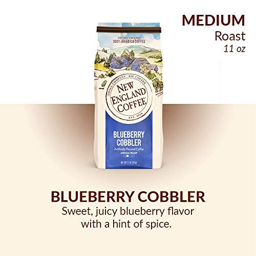 New England Coffee Blueberry Cobbler bag label notes sustainable sourcing and small-batch roast.