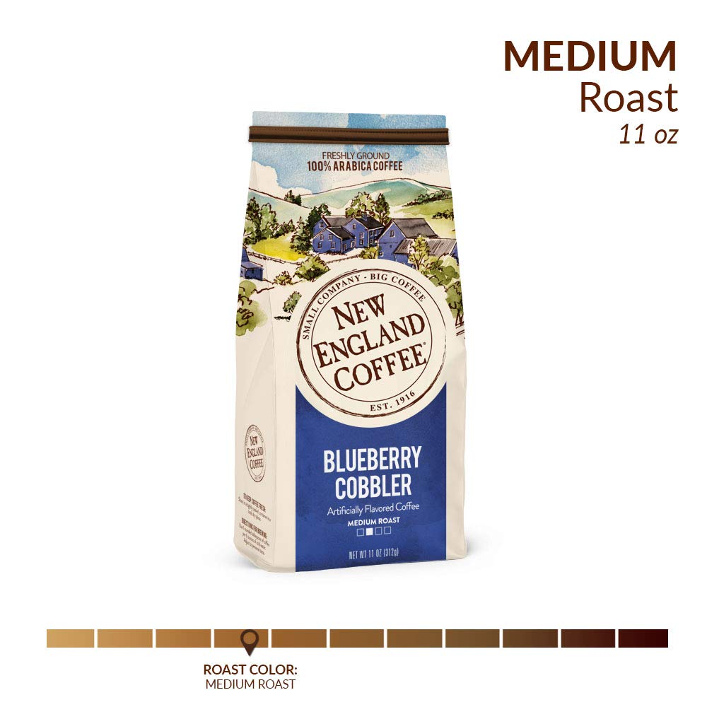 New England Coffee Blueberry Cobbler bean closeup shows 100% Arabica quality.