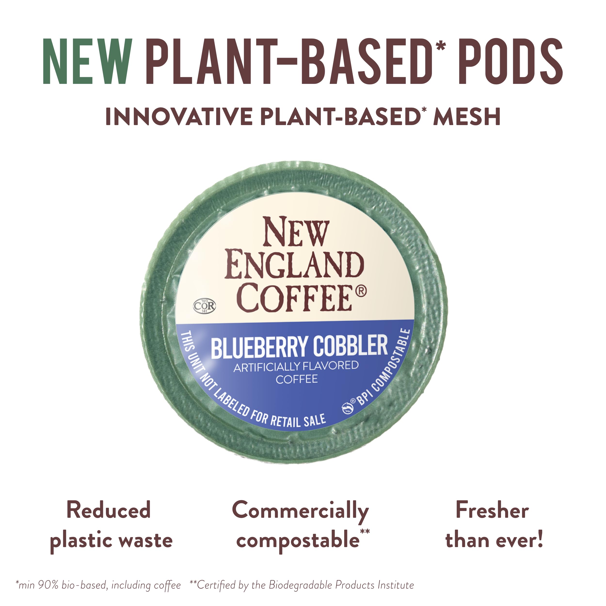 New England Coffee Blueberry Cobbler beans highlight 100% Arabica quality.