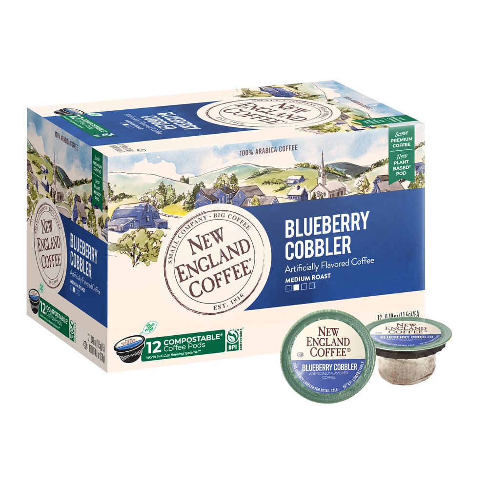 New England Coffee Blueberry Cobbler pods box ready for quick, flavorful mornings.