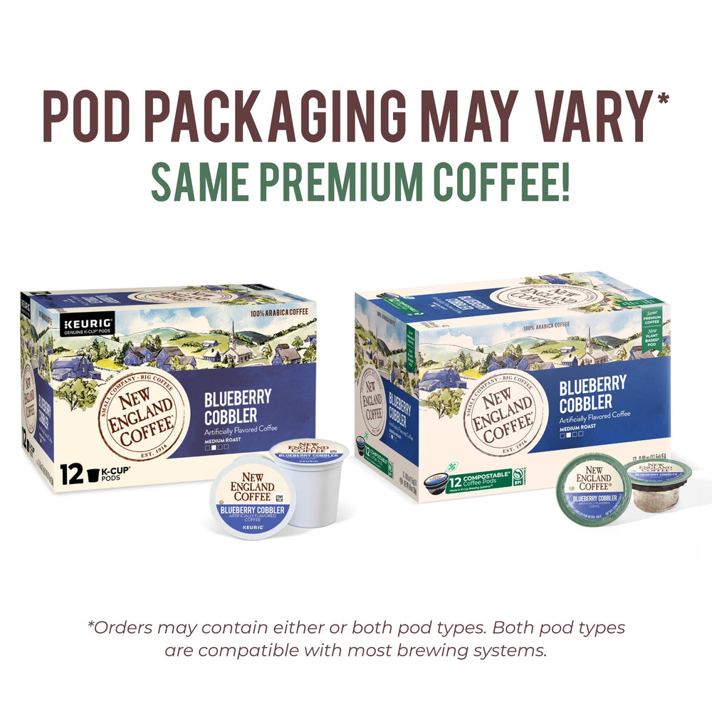 New England Coffee Blueberry Cobbler pods closeup highlights blueberry notes and subtle spice aroma.