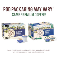 New England Coffee Blueberry Cobbler pods closeup highlights blueberry notes and subtle spice aroma.
