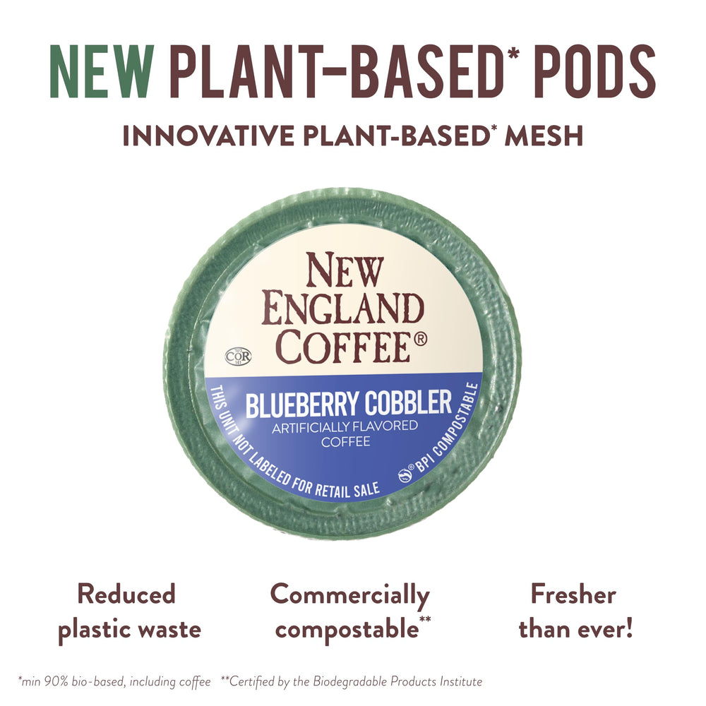 New England Coffee Blueberry Cobbler pods on shelf suggest compact, eco-friendly packaging.